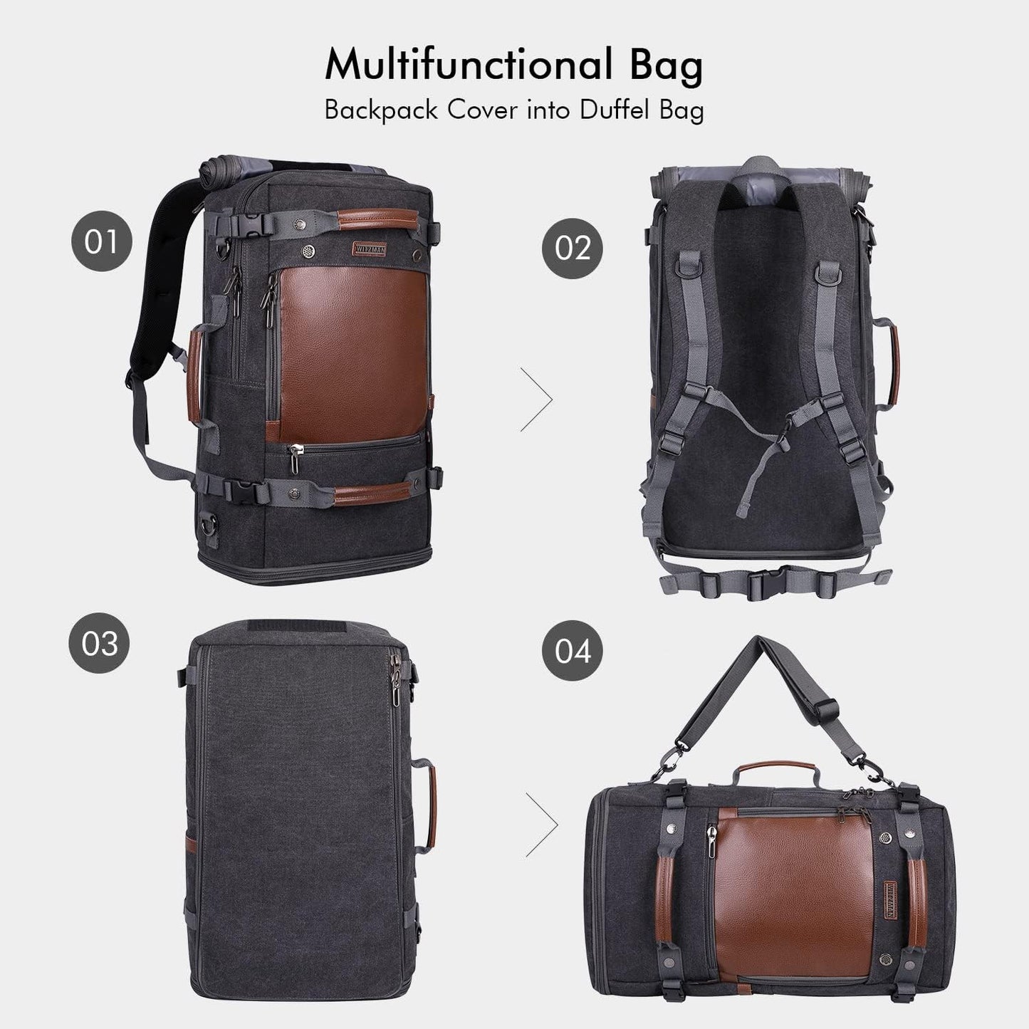 WITZMAN Travel Backpack for Men Women Carry on Luggage Backpack Canvas Rucksack Duffel bag with Shoe Compartment（A2021 big size black）