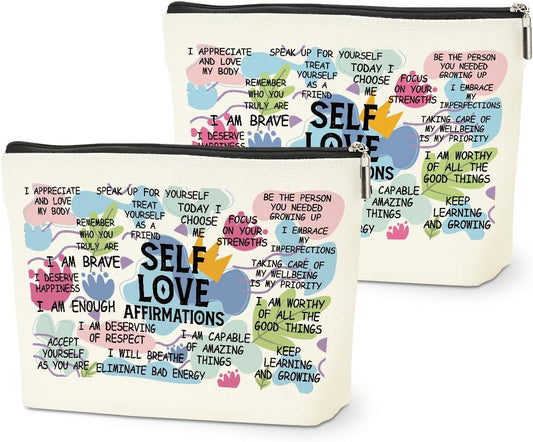2PCS Positive Affirmations Makeup Bag Self Love Gifts Mental Health Inspirational Gifts for Women Girl Sister the Counselor Coworker Birthday Friendship Graduation Travel Toiletry Cosmetic Bag