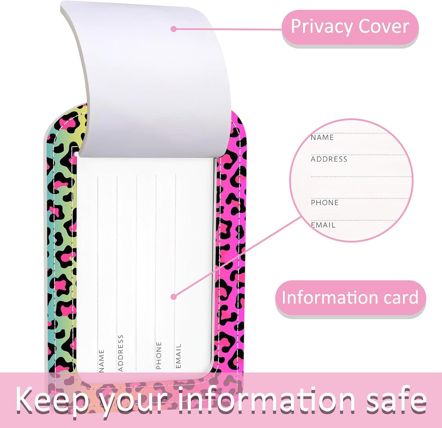 Luggage Tags for Suitcase,2 Pack Rainbow Leopard Print Luggage Tag,PU Leather Id Label Luggage Tags with Stainless Steel Loop and Privacy Cover for Women Men Teens Travel