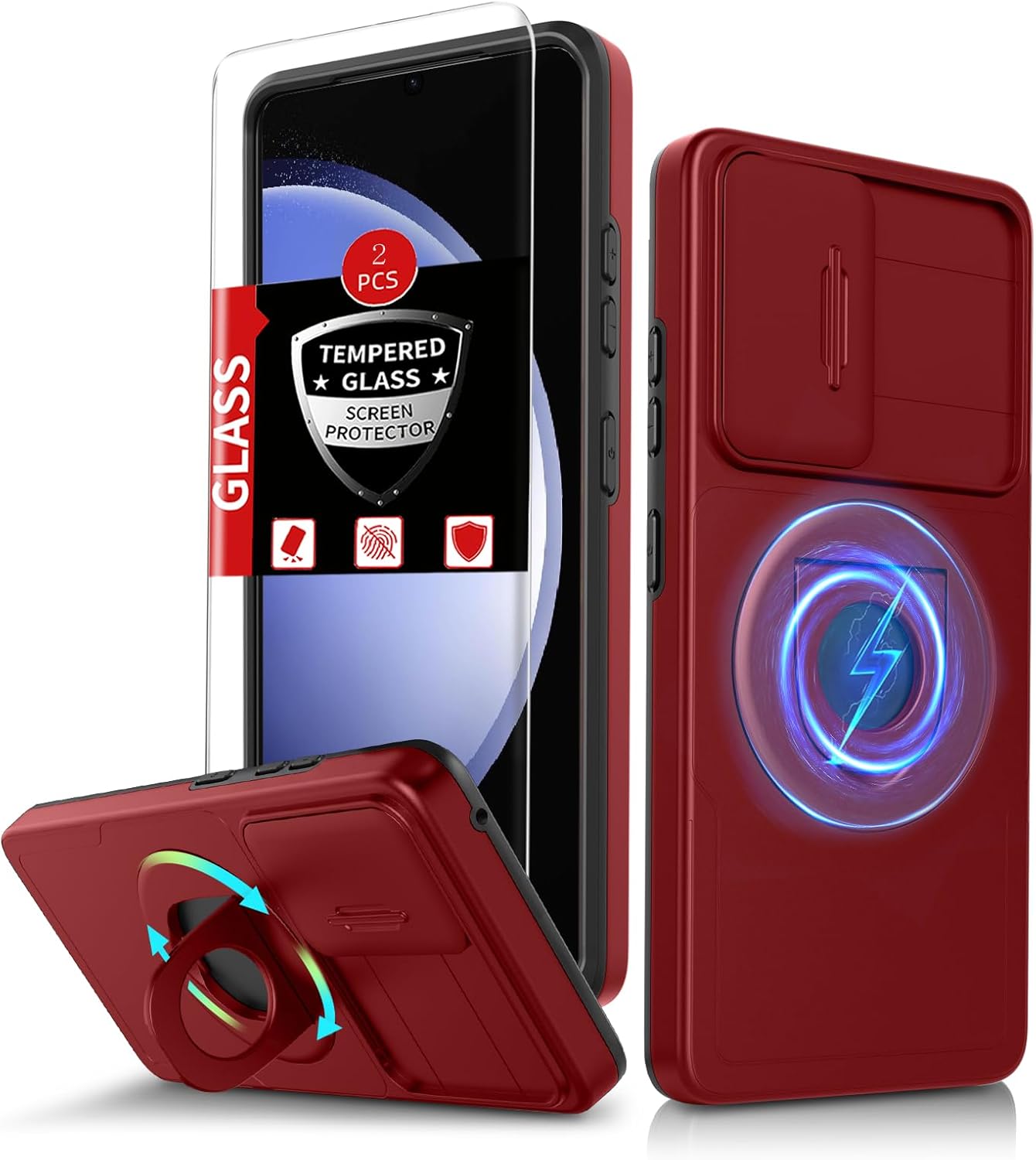 for Samsung Galaxy S23 FE Case Magnetic Compatible with MagSafe Wireless Charging,with 2 Screen Protectors,Built-in Stand Ring+Camera Cover Anti-Scratch Shockproof Heavy Duty Protection Red