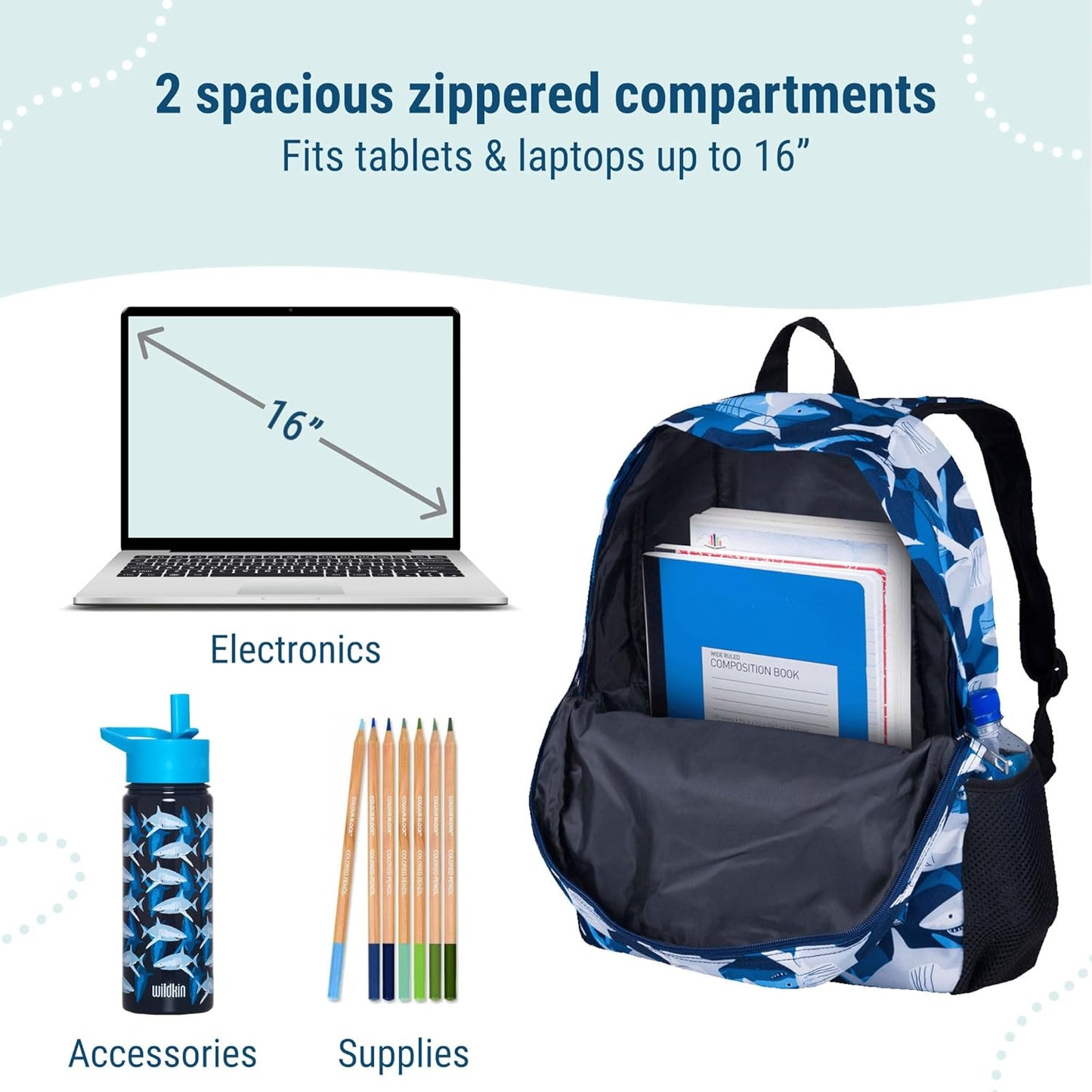 Wildkin 16-inch Kids Backpack – Durable, Padded & Spacious School Bag for Boys & Girls - Sharks