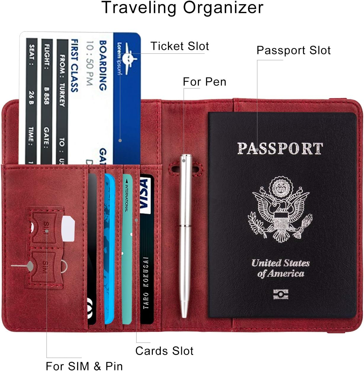 WALNEW Passport Holder for Travel, RFID Passport Cover Wallet for Women Men, PU Leather Passport Book Card Holder Case with Pen, Travelling Essentials for Flying