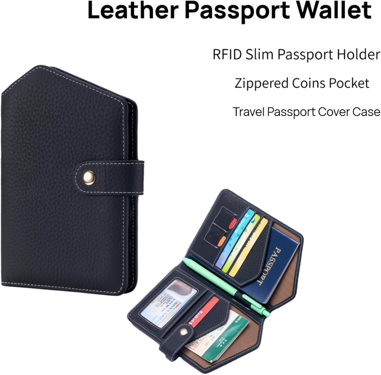 Cute RFID Passport Wallet for Women Leather Slim Passport Holder Travel Wallet Cover with Zipper Coin Purse, Credit Card, Sim and Tticket Slots (Black)