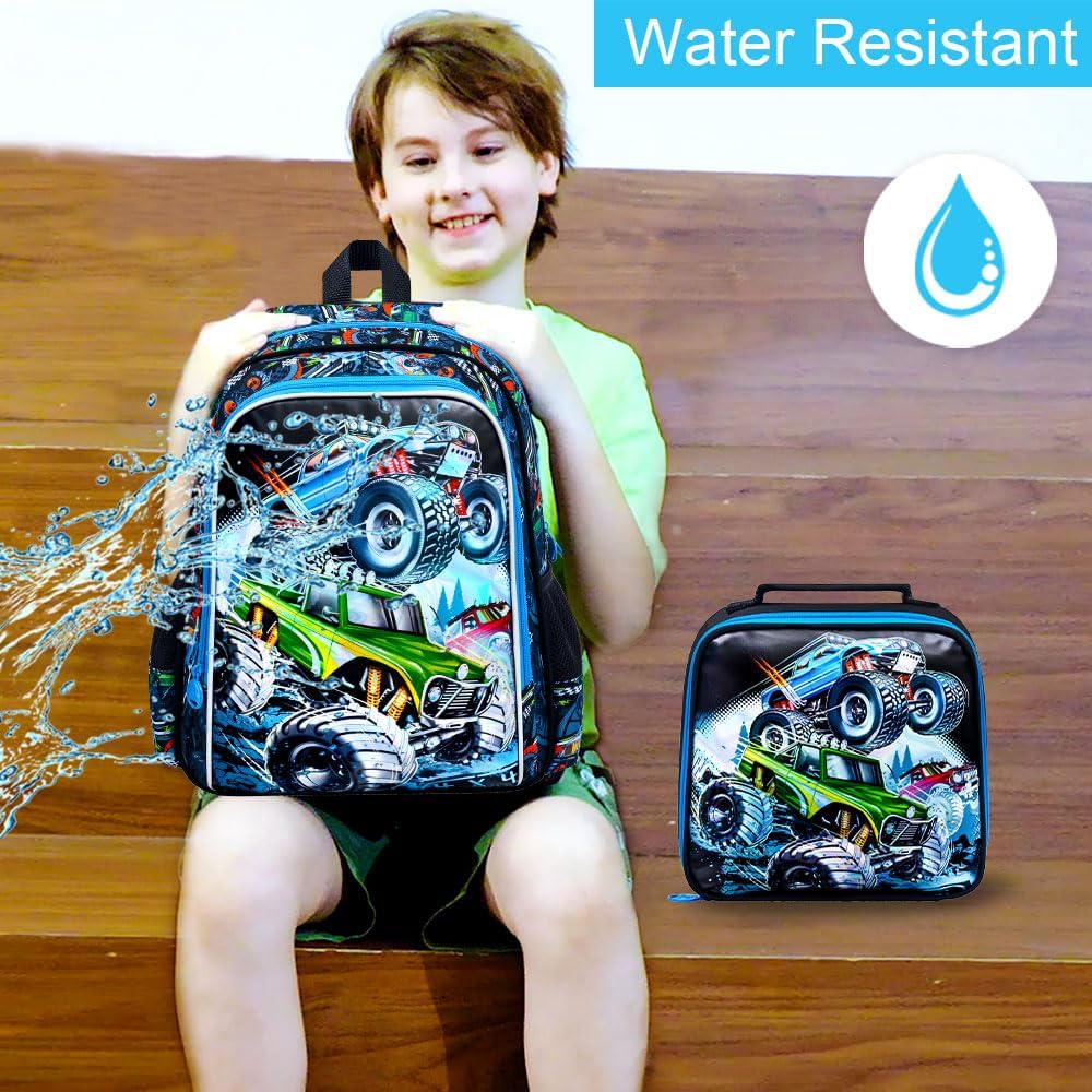 CCJPX 16" Truck Backpack for Boys, 3PCS Cars Kids Water Resistant Preschool Bookbags, Cool Kindergarten School Backpacks and Lunch Box