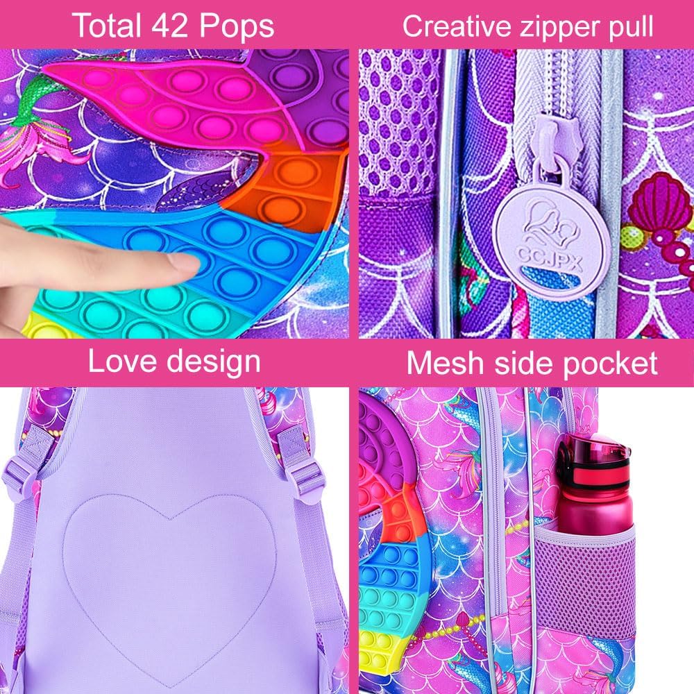 AGSDON 3PCS Mermaid Backpack for Girls, 16" Kids Backpacks with Lunch Box, Water Resistant Girl Bookbag for School Elementary