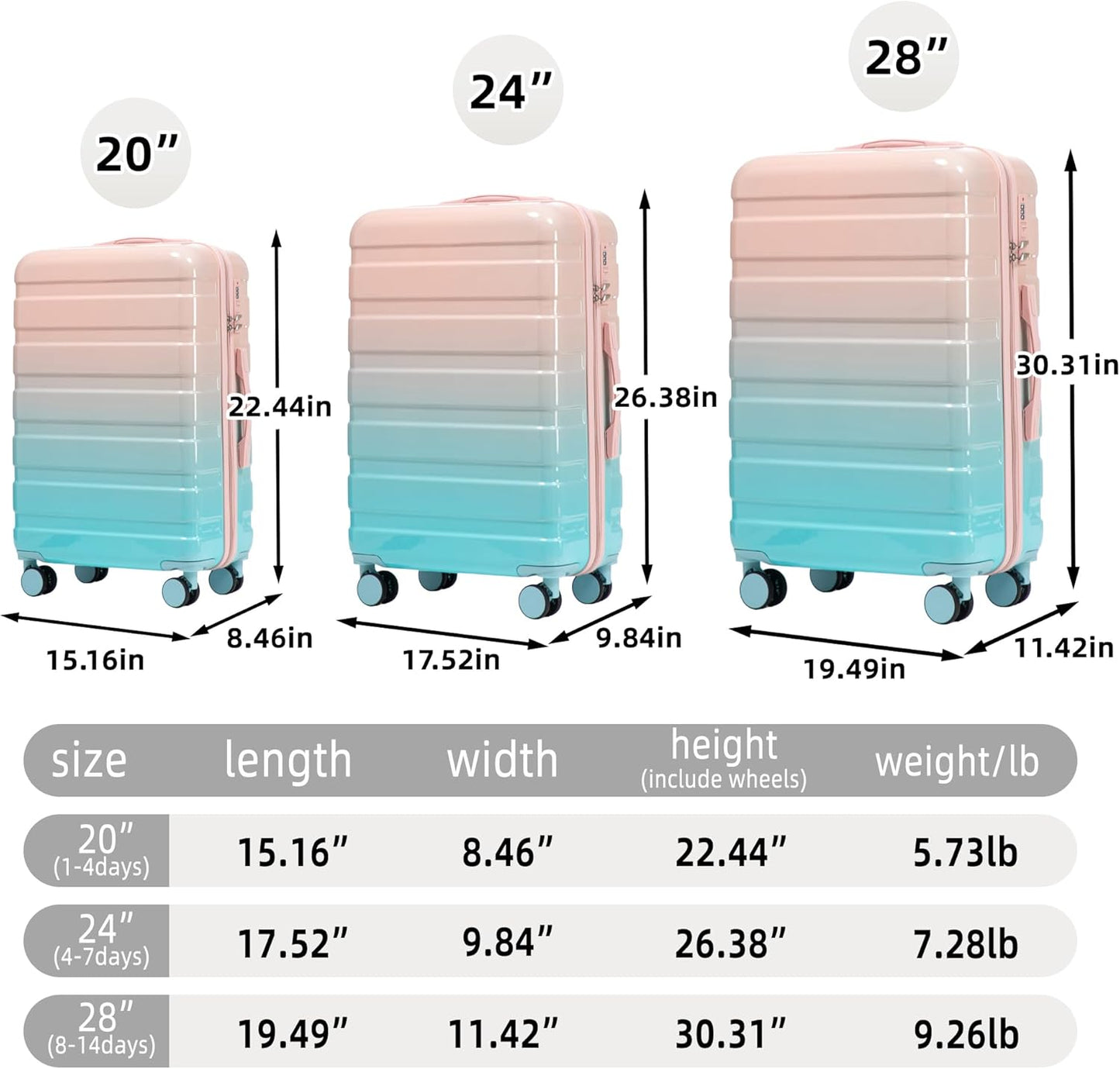 Campfun 3 Piece Luggage Sets, PC Gradient Color Suitcase Set with Double Spinner Wheels Hang Hook, Durable Carry On Luggage with Combination Lock, 20/24/28 inch, Pink+Blue
