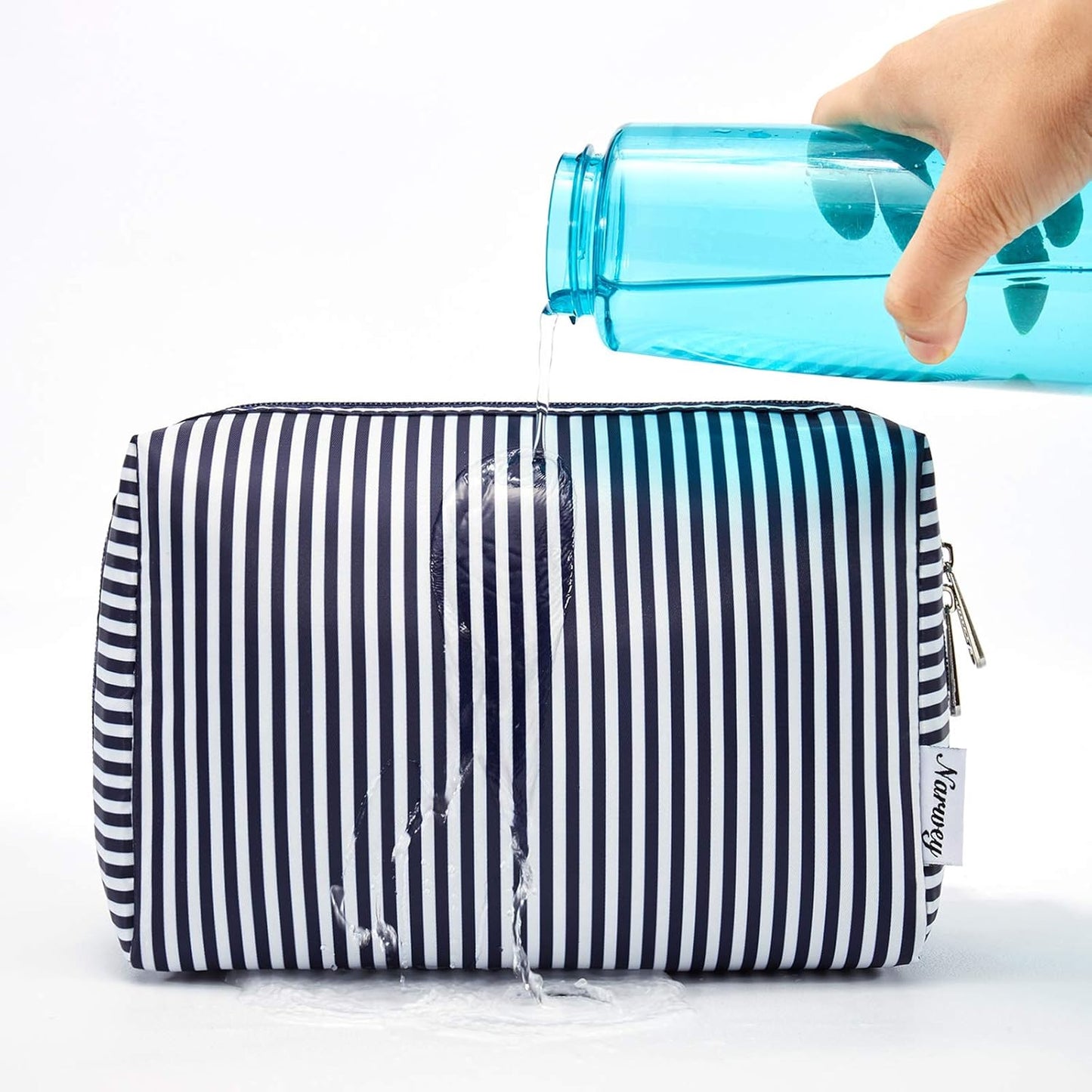 Narwey Cute Makeup Bag Travel Cosmetic Bag Organizer Toiletry Bag Make Up Bags with Compartments for Women Girls (Large, Blue Stripe)