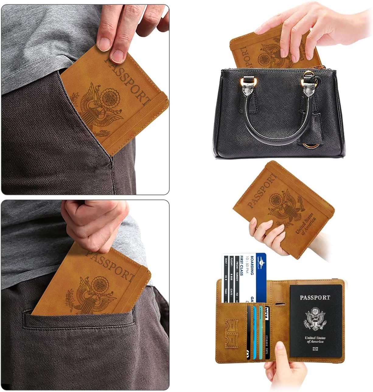 WALNEW Passport Holder for Travel, RFID Passport Cover Wallet for Women Men, PU Leather Passport Book Card Holder Case with Pen, Travelling Essentials for Flying