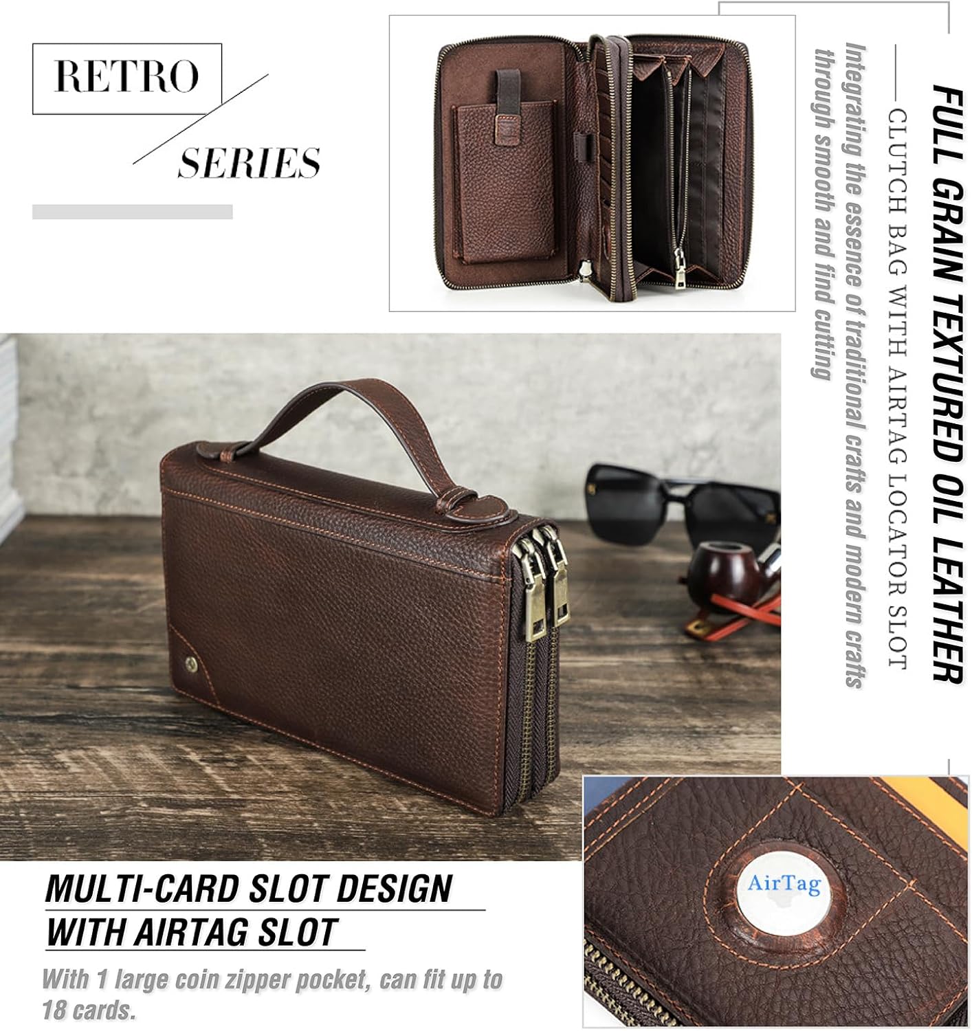 Top Grain Genuine Leather Zipper Clutch Wallet for Man & Woman, Handmade Vintage Design, Multi Slots & Side Pocket & Strap, RFID Large Capacity for Cards/Checks/Passports/Phone/Pen/AirTag, Red Coffee