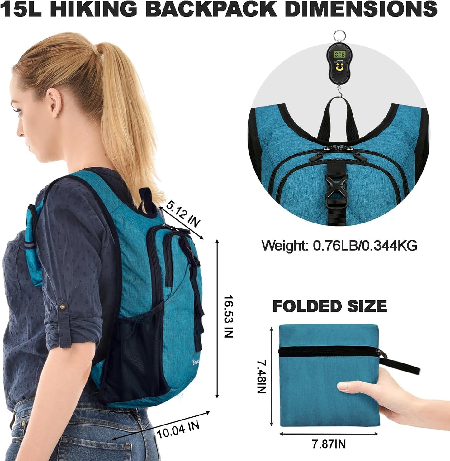 Seektop 15L Small Hiking Backpack for Women Men, Lightweight Hiking Packable Daypack with Phone Pocket for Travel Camping (Teal Blue, 15L)