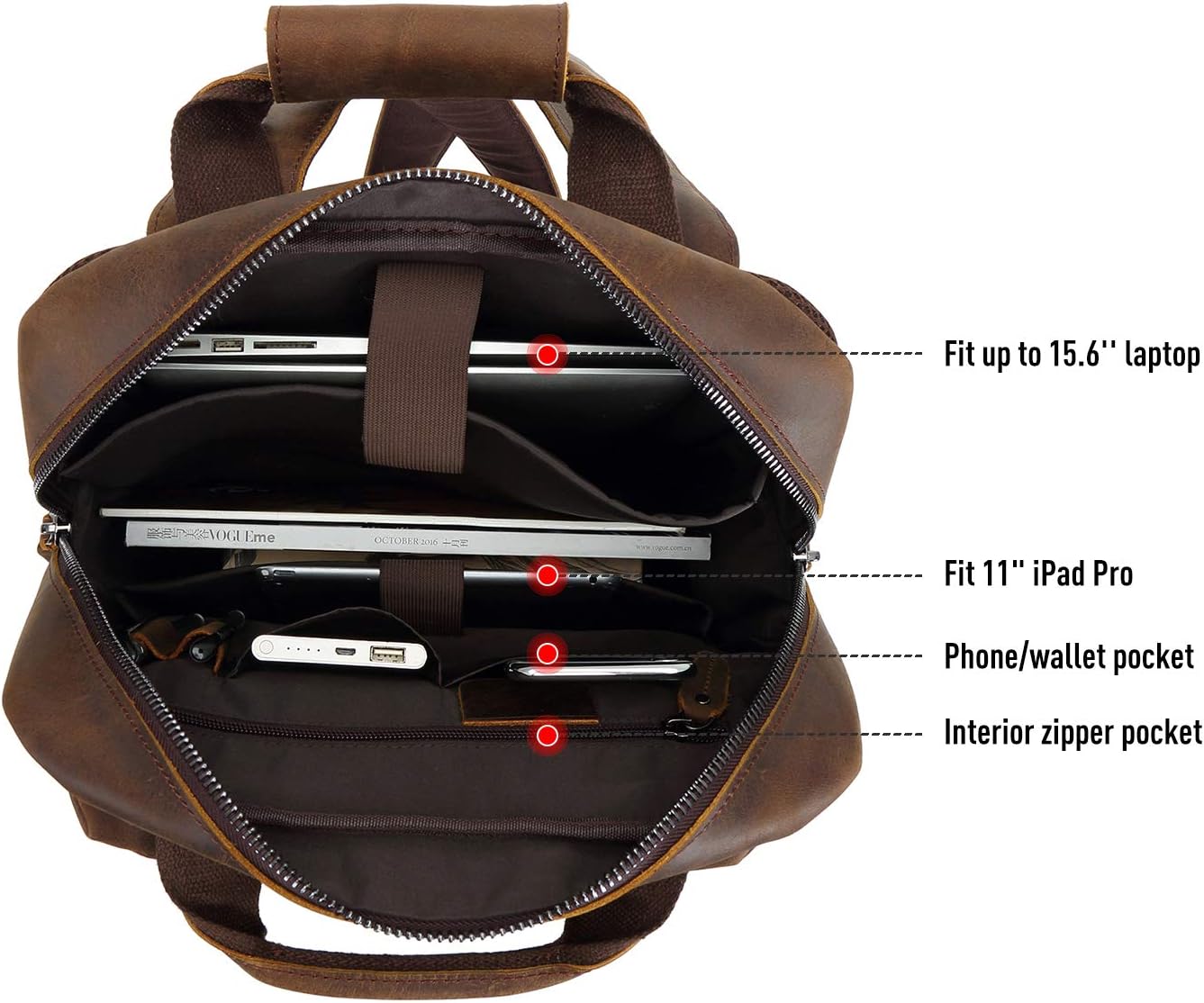 Polare Cowhide Leather Multiple Laptop Backpack Day Pack Travel Bag Satchel For Men