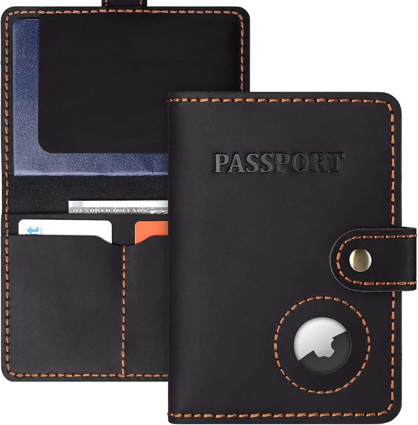 Full Grain Leather Passport Holder with AirTag, Travel Passport Wallet and Air Tag Cover for Men and Women, with 4 Card Holder