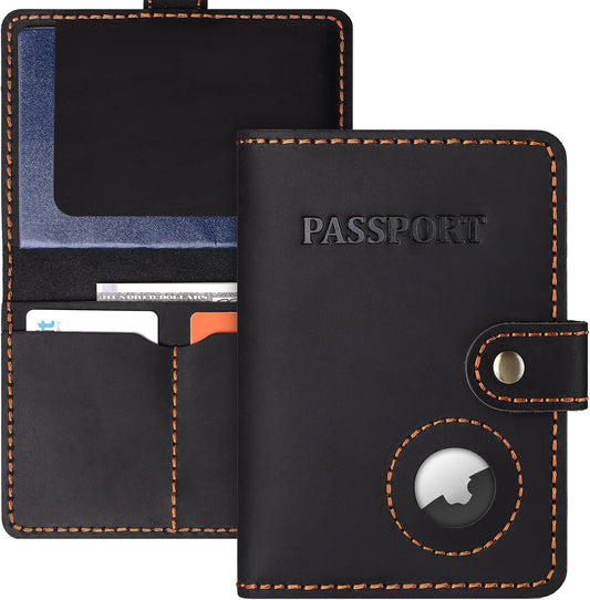 Full Grain Leather Passport Holder with AirTag, Travel Passport Wallet and Air Tag Cover for Men and Women, with 4 Card Holder