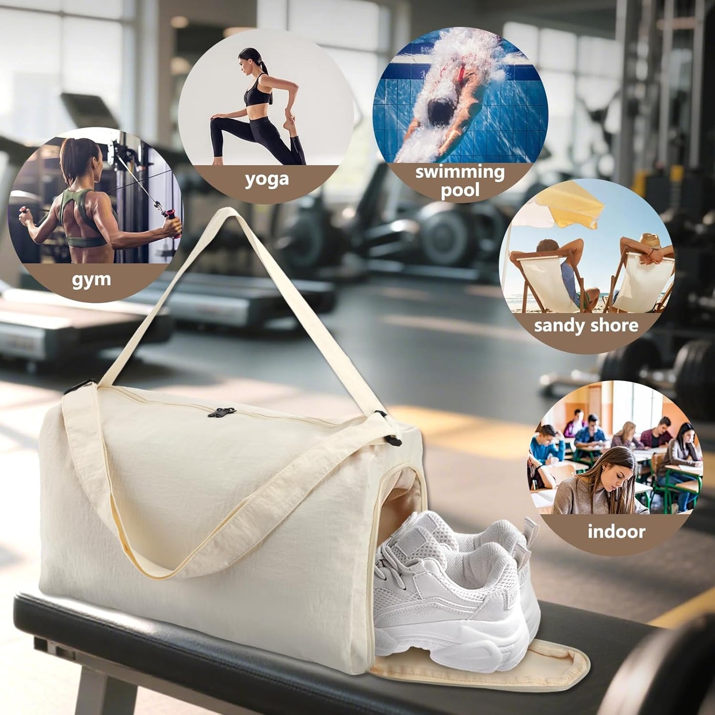 Small Gym Bag for Women with Shoes Compartment and Wet Pocket, Lightweight Travel Duffel Overnight Bags for Women & Men, Weekend Carry on Bag - Sport Yoga Swimming Dance(Beige)