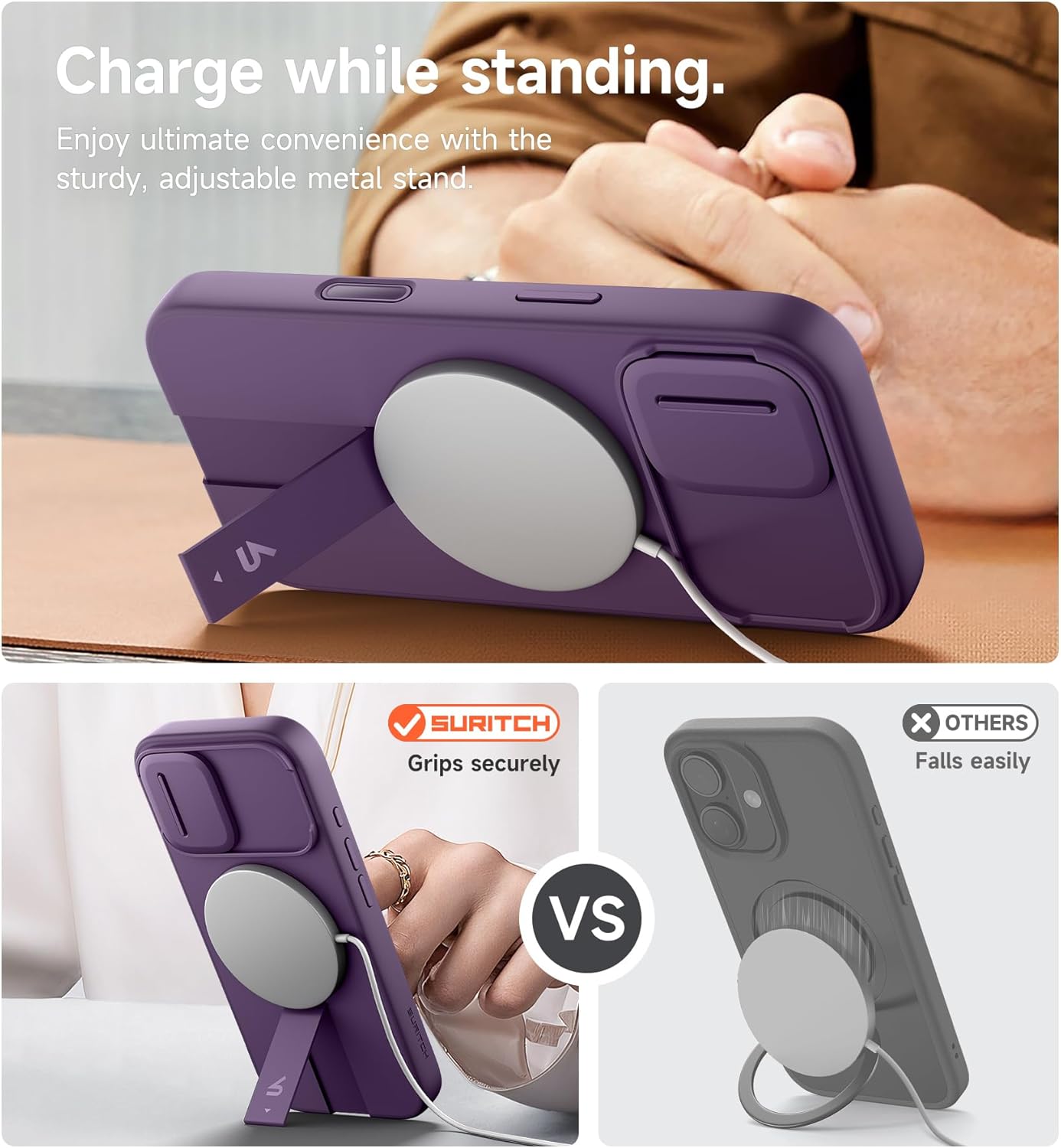 SURITCH for iPhone 17 Case with Camera Control Cover, Camera Slide Cover and Adjustable Kickstand, Compatible with MagSafe, Shockproof Bumper Protective Cases 6.3 Inch, Dark Purple