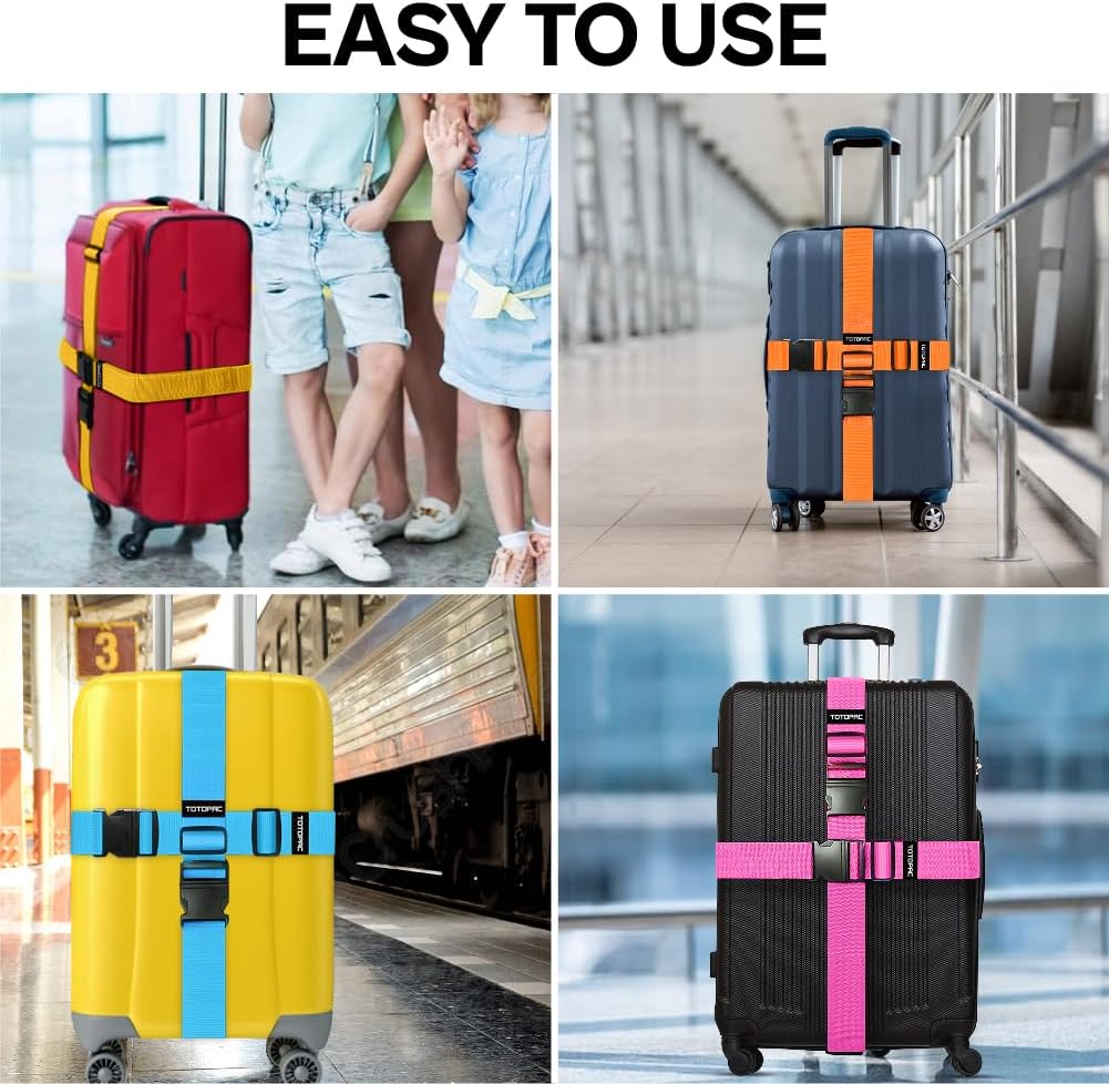 4 Pack Luggage Straps, Adjustable Suitcase Belts 72" x 2" with Quick Release Buckle, Durable Travel Accessories for Secure Luggage and Easy Identification (Orange+Blue+Pink+Yellow)