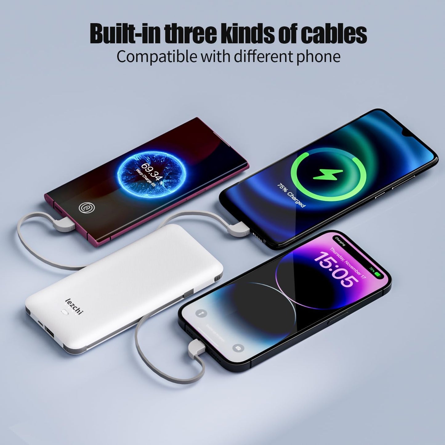 Portable Power Bank, Ultra Slim 10000mAh Portable Charger, USB C External Battery Pack with Built-in AC Plug, Charging Cable, Output Port, Compatible with All Kinds of Cellphones …