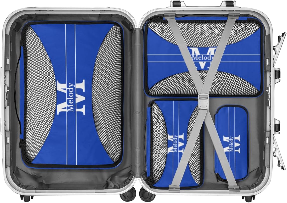 Custom 4 Packing Cubes Set, Lightweight Mesh Travel Luggage Organizers for Travel, 4 Pieces Suitcase Storage Bags, Navy Blue with Initial letter