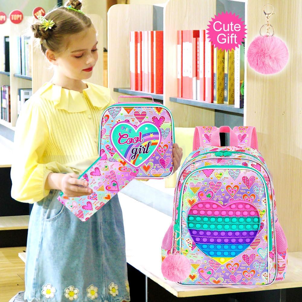 AGSDON 3PCS Kid Backpacks for Girls, 16" Kids Backpack with Lunch Box, Girl Bookbag for School Elementary