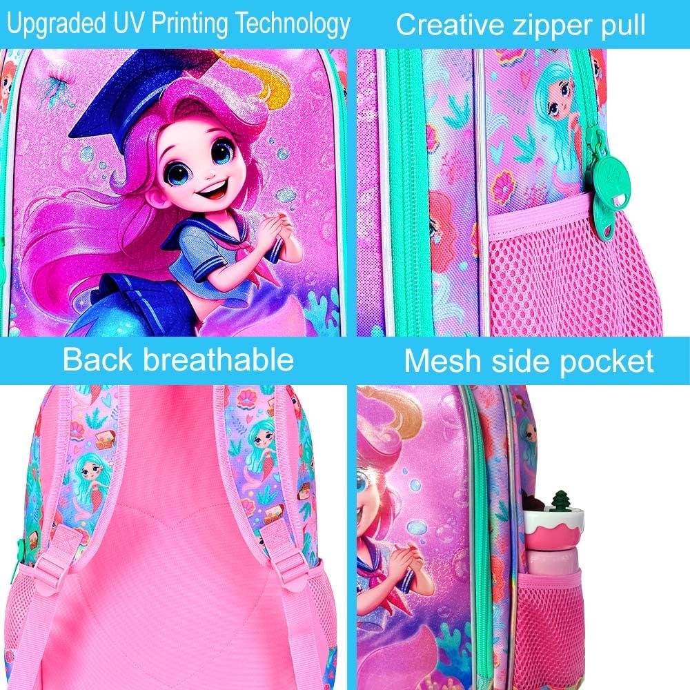 3PCS Mermaid Backpack, 16" Girls Bookbag with Lunch Box, Water Resistant Kids Elementary Prechool Toddler Shool Bag - Pink Dr. Mermaid