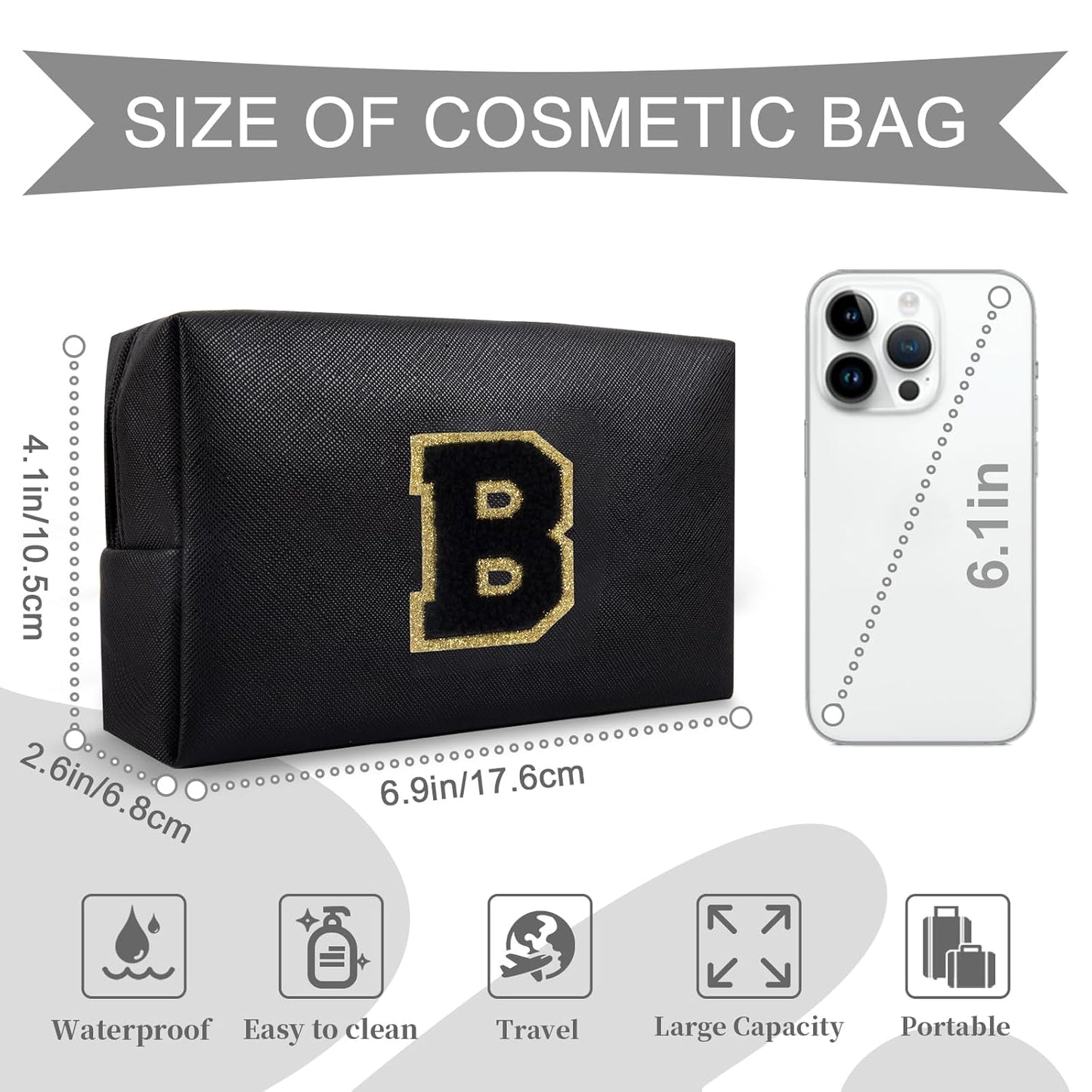 Personalized Initial A-Z Preppy Patch Makeup Bag,Small PU Chenille Letter Cosmetic Bag with Zipper for Teen Girls,Black Cute Toiletry Organizer Bag,Monogram Makeup Case Gift for Women Girls,Letter B