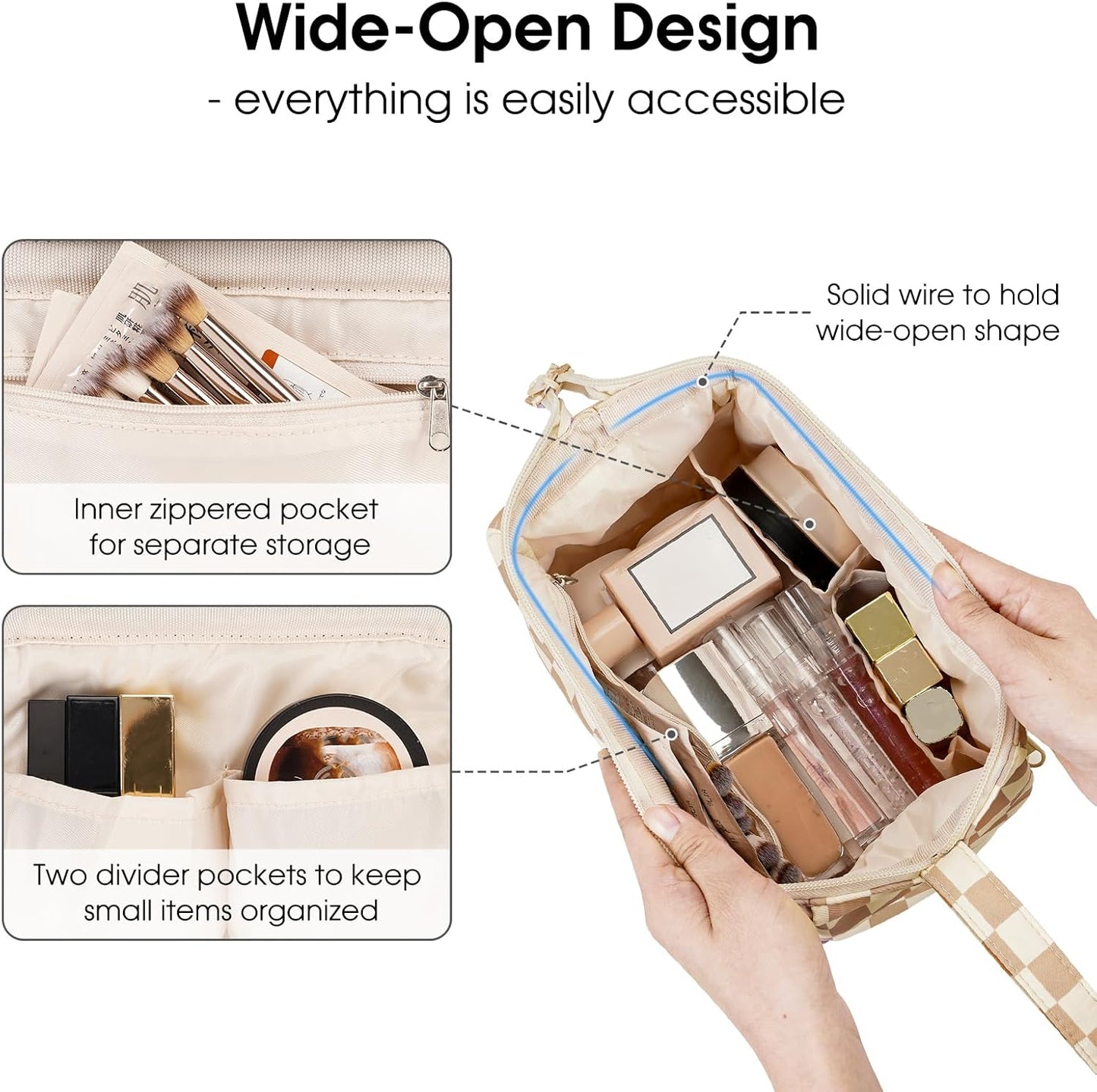 Narwey Large Checkered Makeup Bag Women Wide-open Make up Bag Travel Cosmetic Bag Organizer