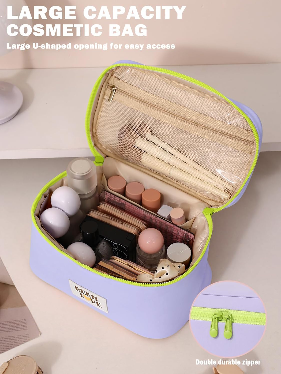 Travel Makeup Bag Cute Cosmetic Bag for Women Large Capacity Makeup Case Organizer Bag Toiletry Bag Portable Waterproof Make Up Bags with Handle and Divider, Purple