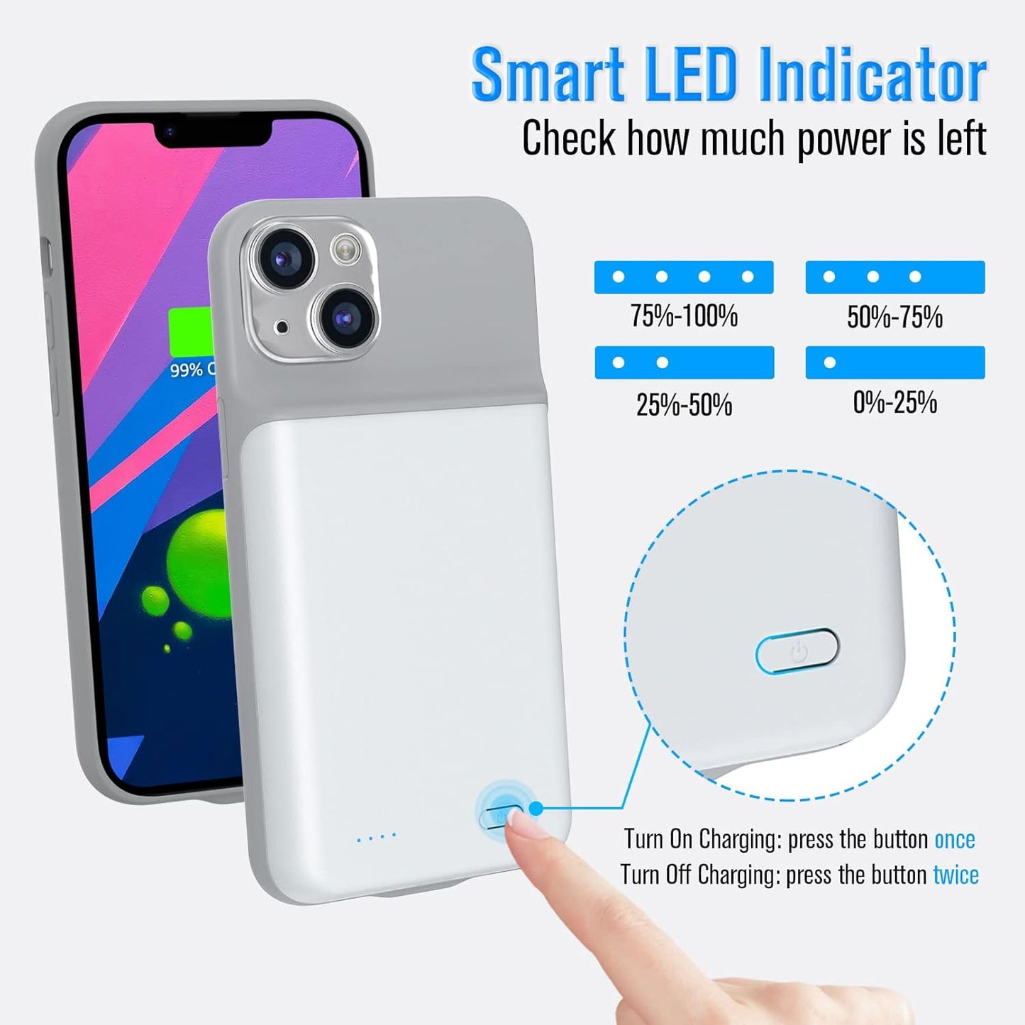 Gladgogo Battery Case for iPhone 13, Real 6000mAh Powerful Smart Charging Case Ultra Slim Rechargable External Battery Pack Compatible with 13, 6.1 inch - White
