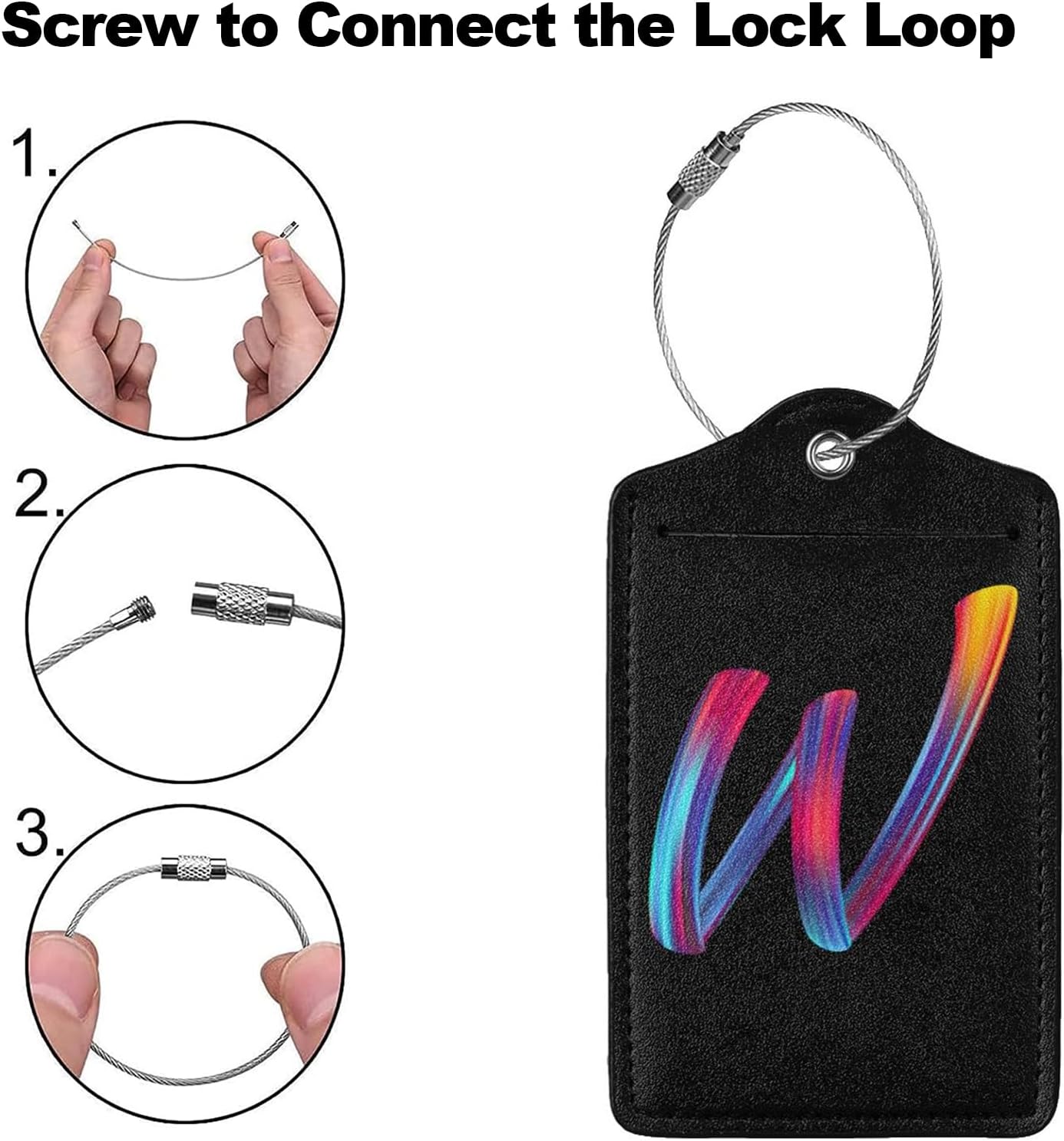 2 Pack Initial Luggage Tags for Suitcase, Colorful Letter Design Cruise Name Bag Tags, Novelty Baggage Identifiers with Full Privacy Cover, Leather ID Label for Women Men Kids Travel, Rainbow Letter W