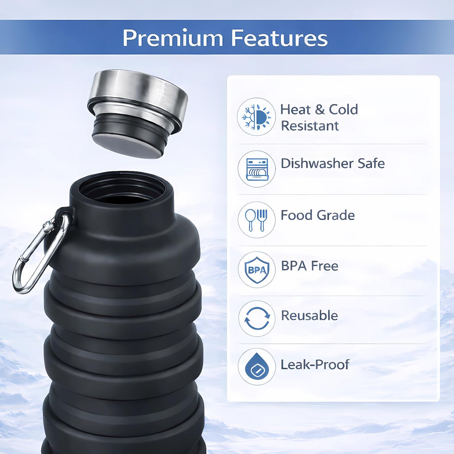 Collapsible Water Bottles,16oz Capacity Portable Reusable Silicone Water Bottle,Leak-proof,with
