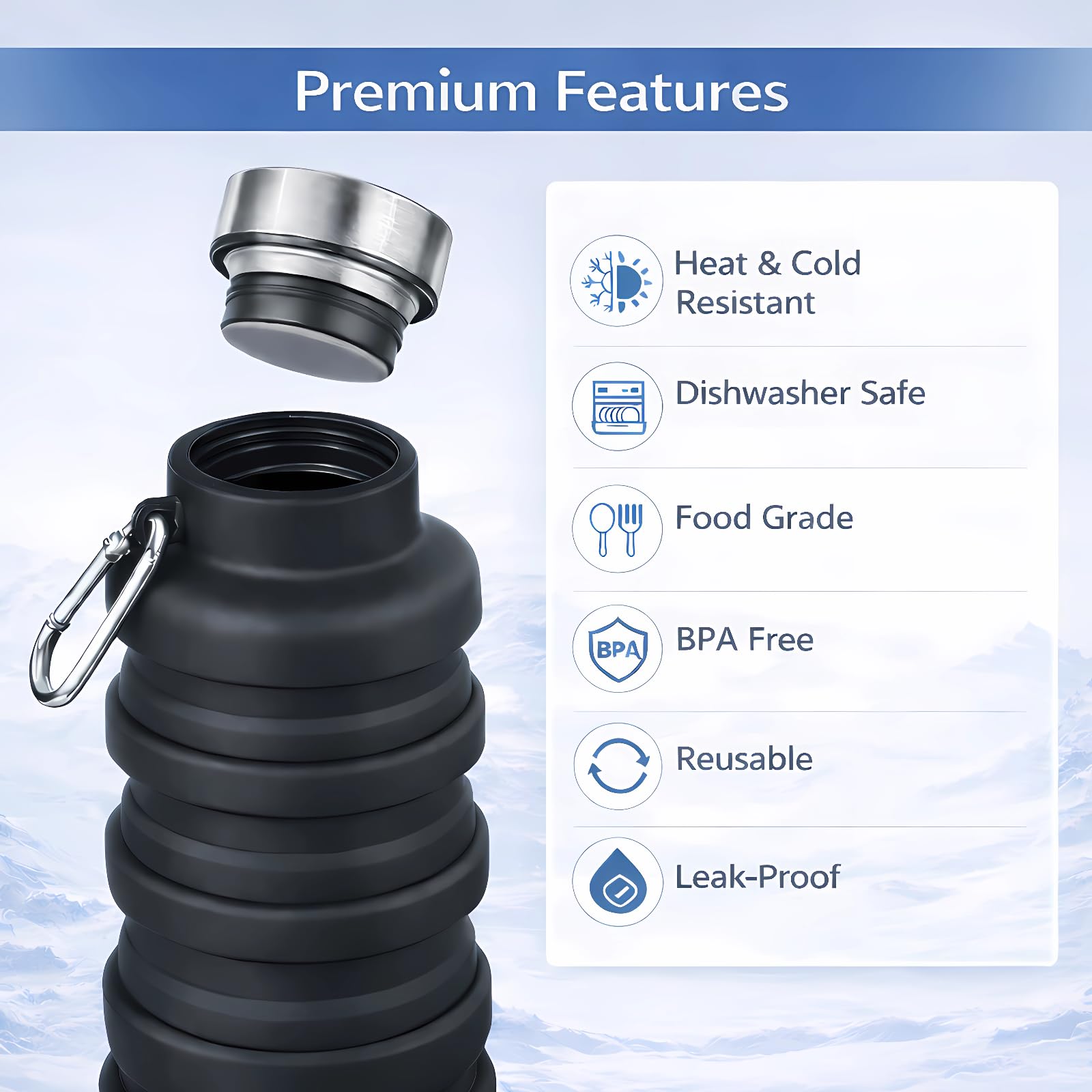 Collapsible Water Bottles,16oz Capacity Portable Reusable Silicone Water Bottle,Leak-proof,with