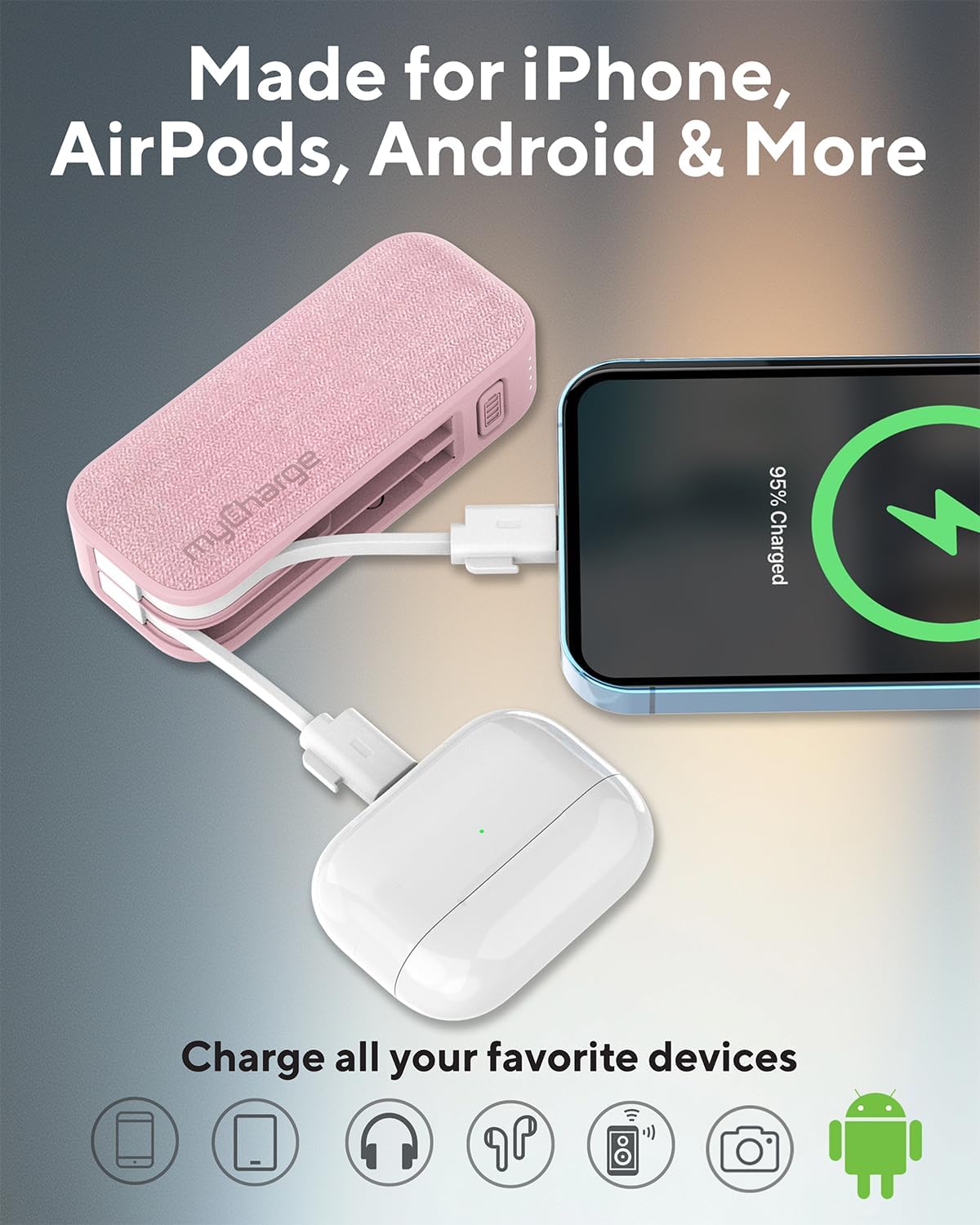 myCharge PowerHub Mini Portable Charger for iPhone - 3000mAh & Built in Cables (Lightning, Type C) 12W Turbo USB C Power Bank Fast Charging Battery Pack (Pink)