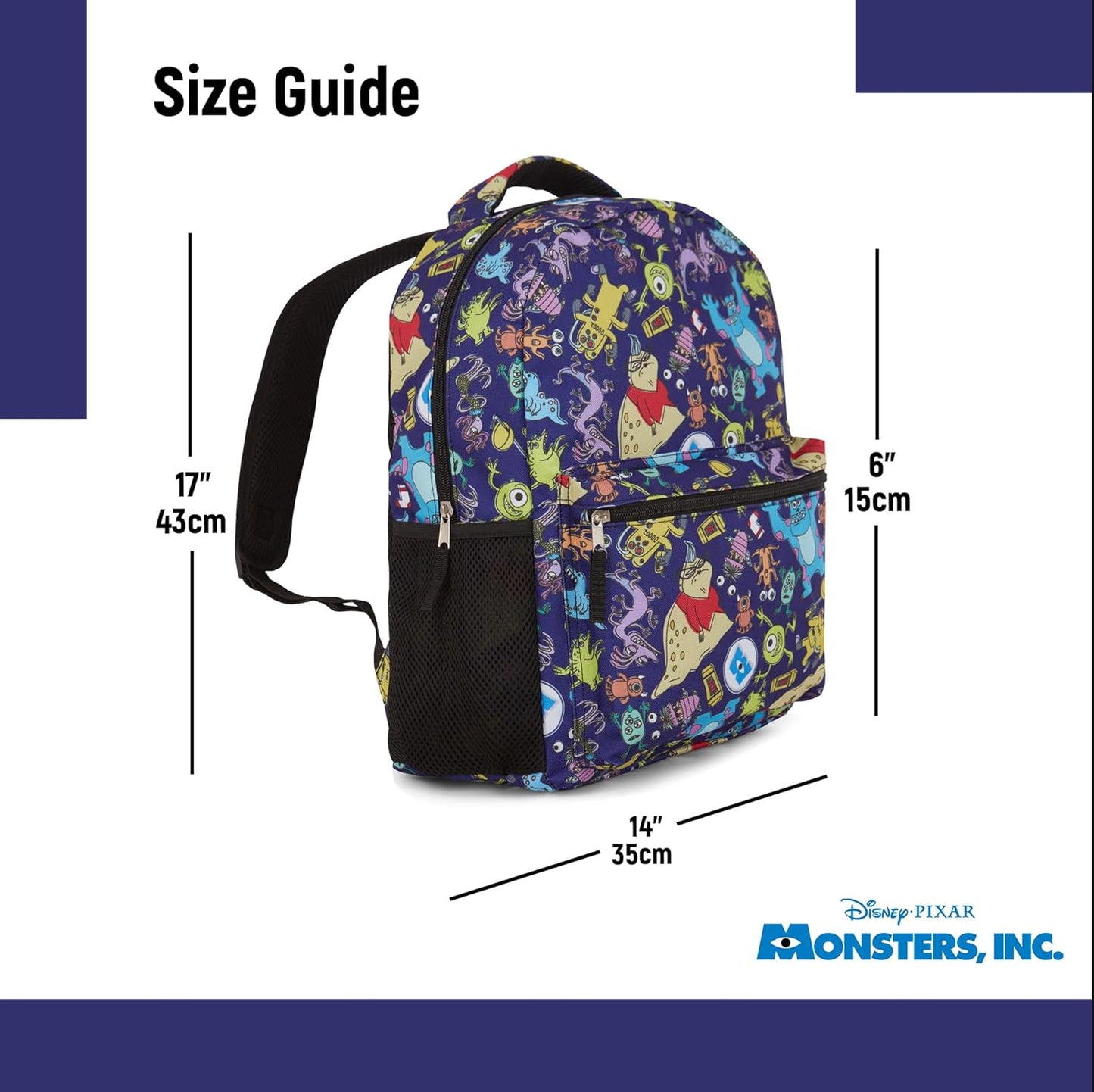 Disney Monsters Inc. Allover Print Backpack - Officially Licensed Pixar Merchandise - Backpack for Boys, Girls, Toddlers, Kids, Adults - Great Bag For Gym, Park and Cam