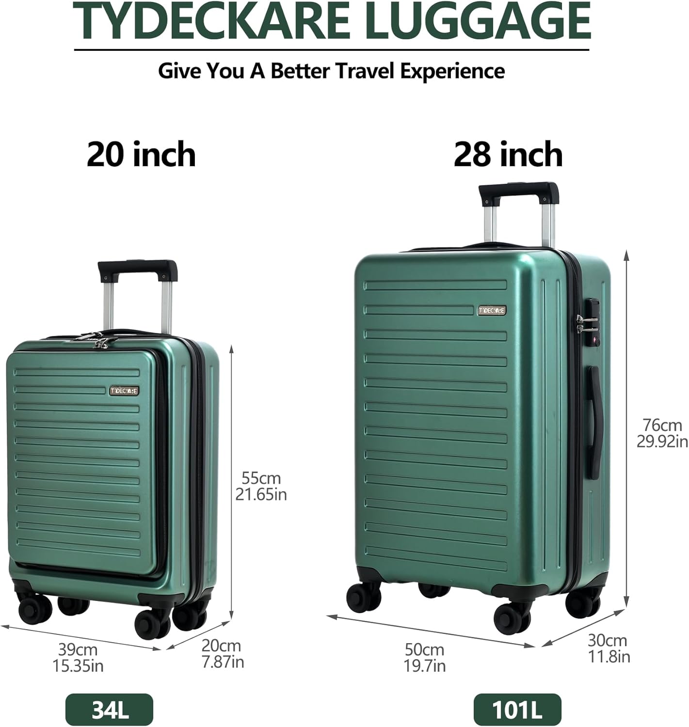 TydeCkare 2pcs 20/28" Luggage Set Lightweight HardShell, Only 20 Inch Carry On 21.65 * 15.35 * 7.87" Cabin Suitcase with Front Pocket, 28 Inch 19.68 * 11.81 * 29.92" Checked Luggage, Green