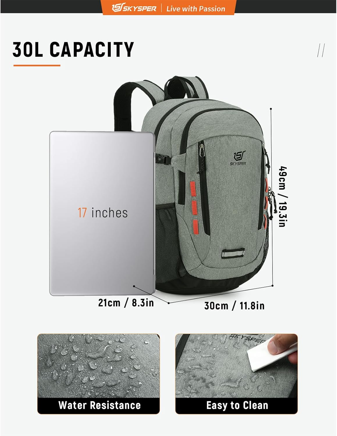 SKYSPER Hiking Backpack 30L Lightweight Travel Backpack Hiking Day Pack for Men Women(Grey)