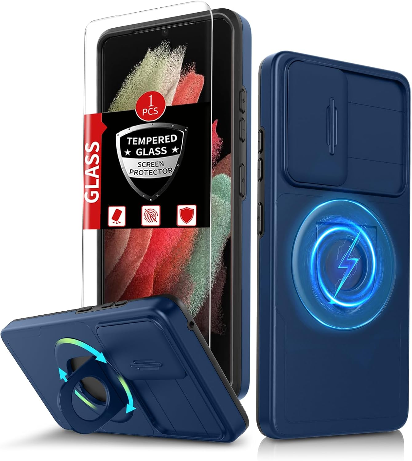 for Samsung Galaxy S21 Ultra Case Magnetic Compatible with MagSafe Wireless Charging,with Screen Protector,Built-in Stand Ring+Camera Cover Anti-Scratch Shockproof Heavy Duty Protection Blue