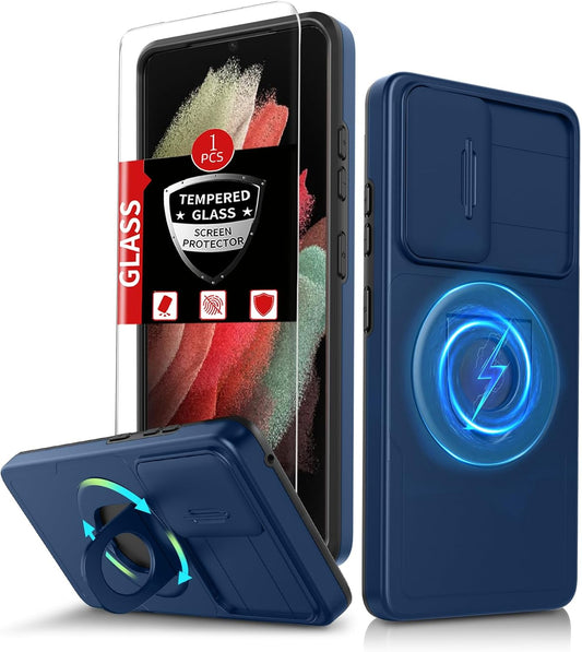 for Samsung Galaxy S21 Ultra Case Magnetic Compatible with MagSafe Wireless Charging,with Screen Protector,Built-in Stand Ring+Camera Cover Anti-Scratch Shockproof Heavy Duty Protection Blue