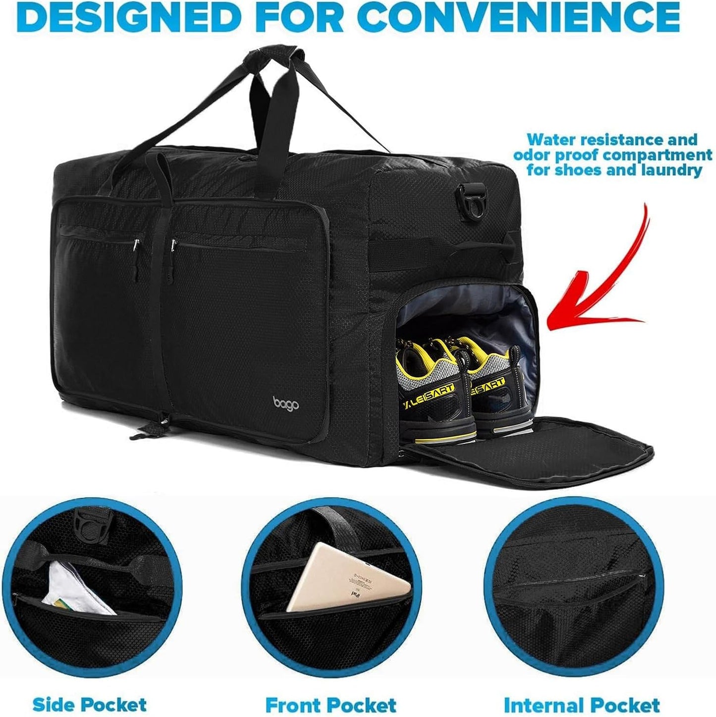 Bago Large Foldable Duffel Bags for Traveling Women & Men - 100L Packable Duffle Bag for Travel