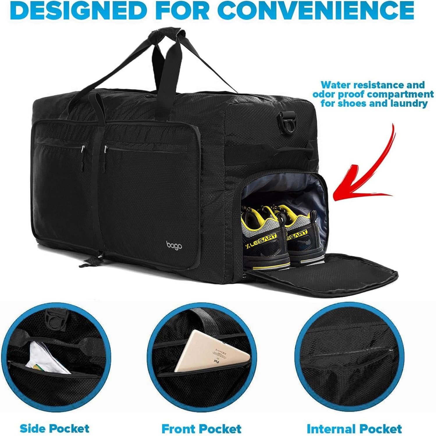 Bago Large Foldable Duffel Bags for Traveling Women & Men - 100L Packable Duffle Bag for Travel