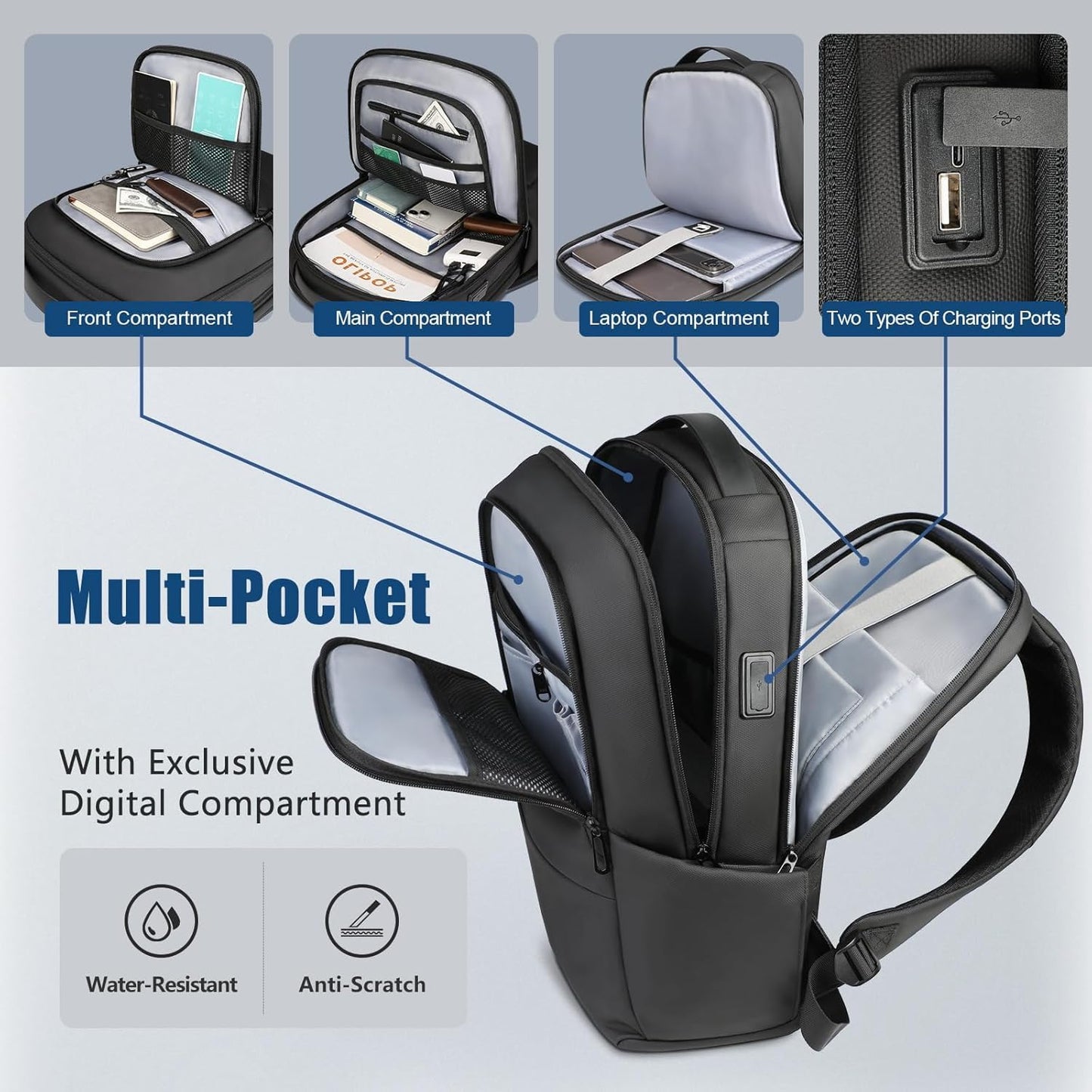hk Backpack for Men Business Backpack with USB Charger Anti-Theft Mens Backpacks Water-Resistant 15.6 Inch Laptop Backpack Lightweight Casual Bag for Business Travel Office Work College, Black