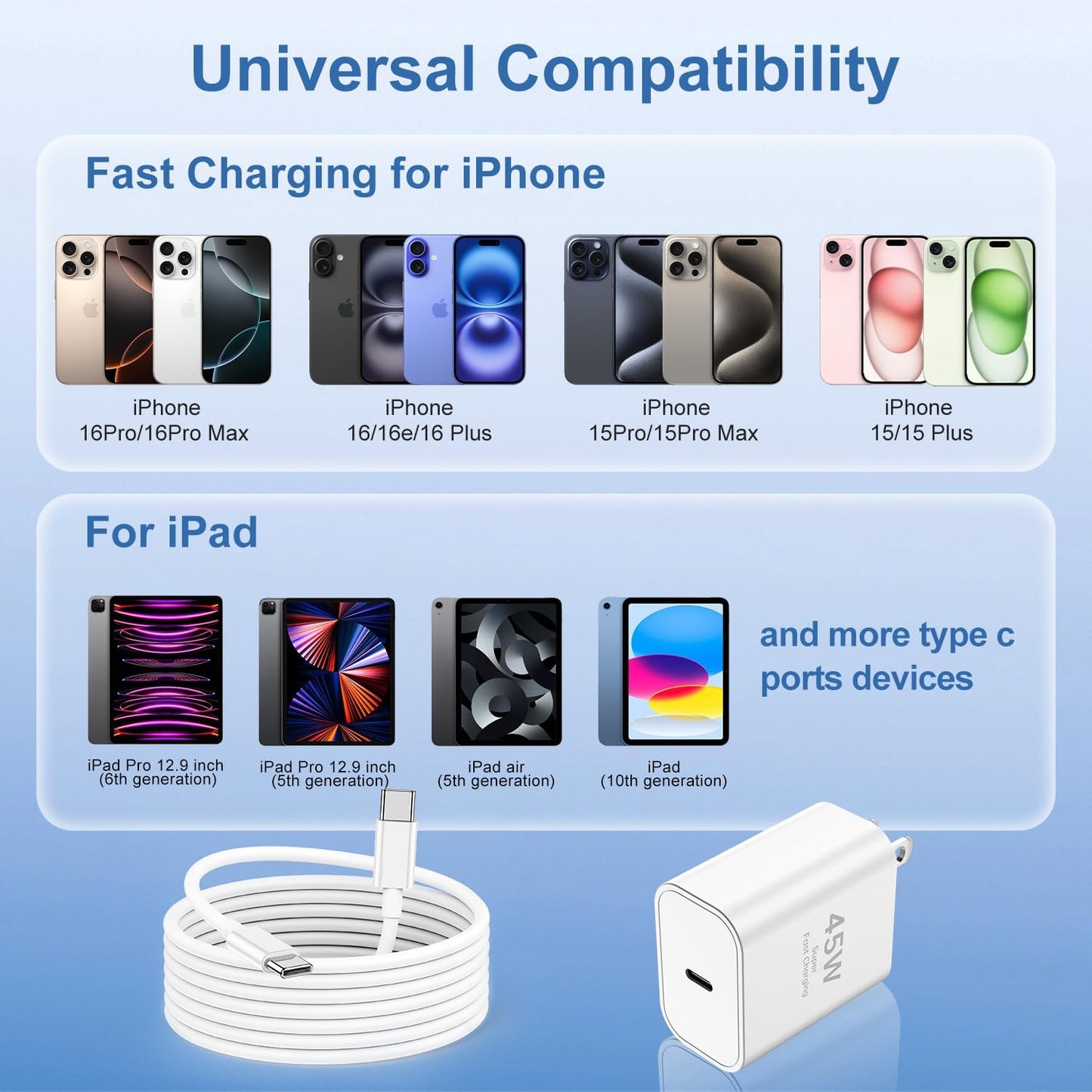 2Pack 45W iPhone 17 16 15 Fast Charger and 10ft Type C to C Cable Cord Long, USB C Charging Block Plug for Apple iPhone 17 Pro Max/17 Air/16 Pro Max/15 Plus/iPad Mini Air Wall Power Adapter Cube Brick