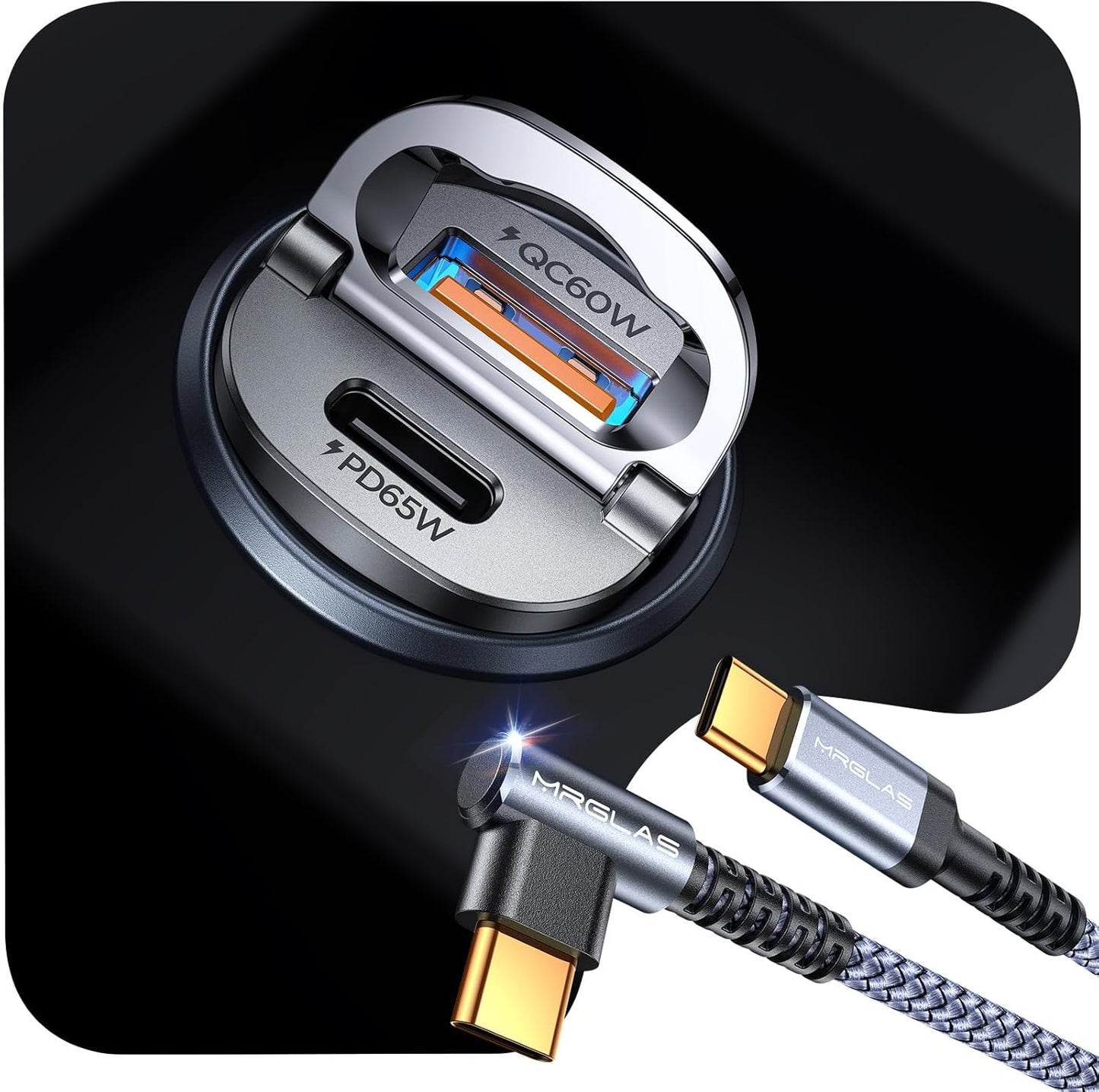MRGLAS 125W Car Charger USB C Super Fast Charging, [PD65W & QC60W][Extra 3.3ft 60W USB C Cable][All Metal], Cigarette Lighter USB Charger for iPhone 17 16 Pro Max Air 15 Samsung S25 iPad