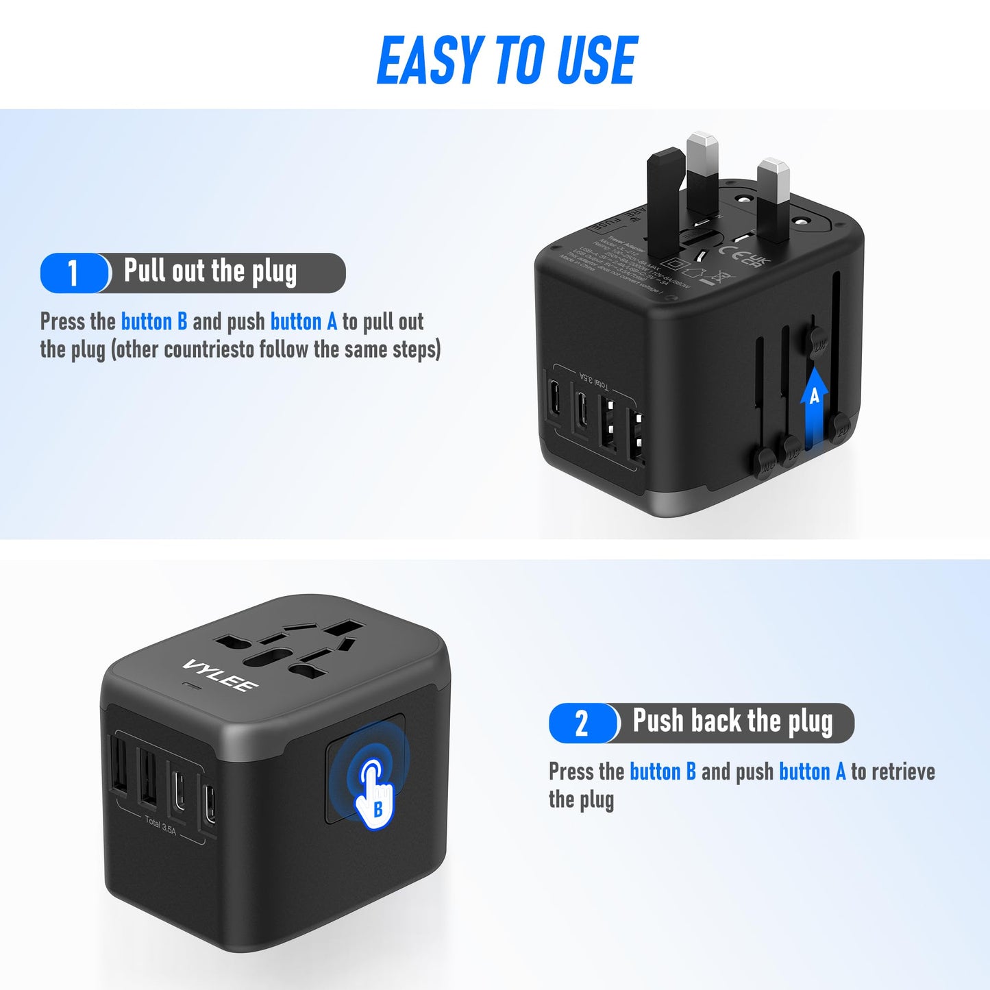 VYLEE Universal Travel Adapter, 5 in 1 International Power Adapter