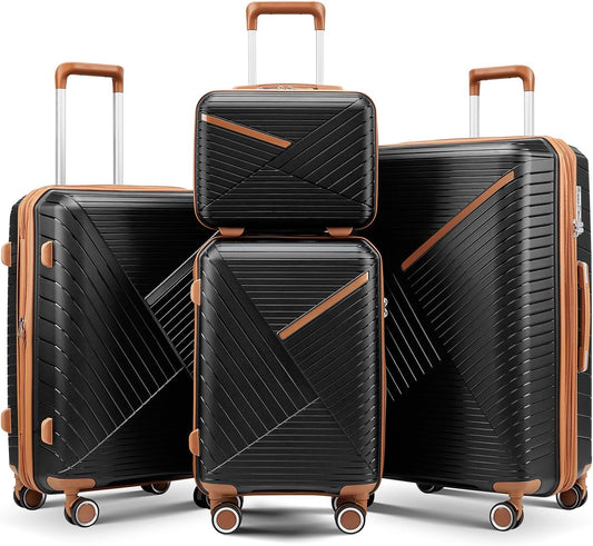 4-Piece Expandable Hardshell Luggage Set with TSA Lock (14/20/24/28) - Lightweight PP Suitcases, 360° Silent Spinner Wheels and Durable 100LB Handle for Air Travel (D# Black)