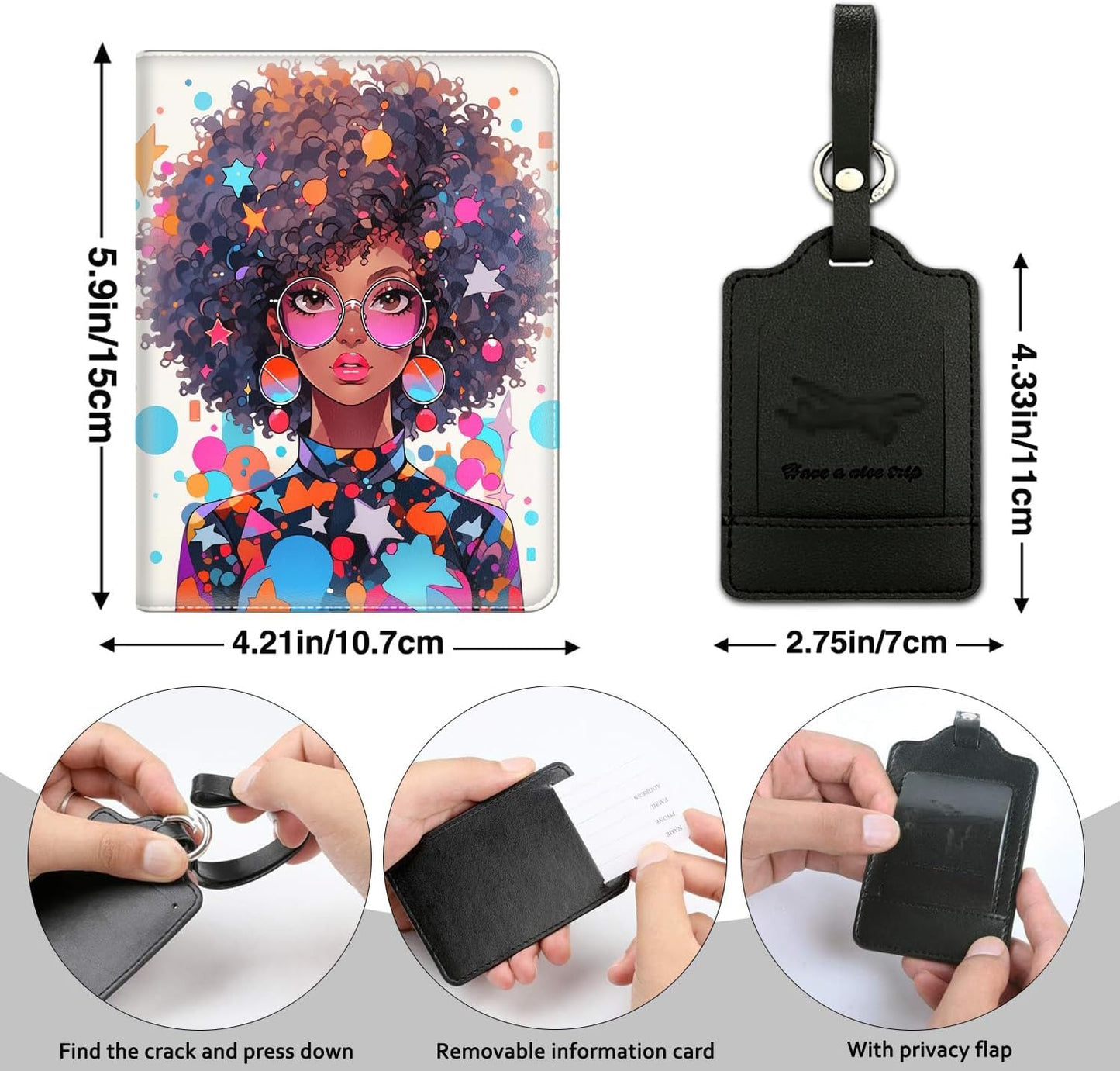 Passport Holder Women Wallet with Luggage Tag, Leather Passport Cover with RFID Blocking, Travel Accessories Multi Card Slot Passport Case for Men，Afro African Girl Color