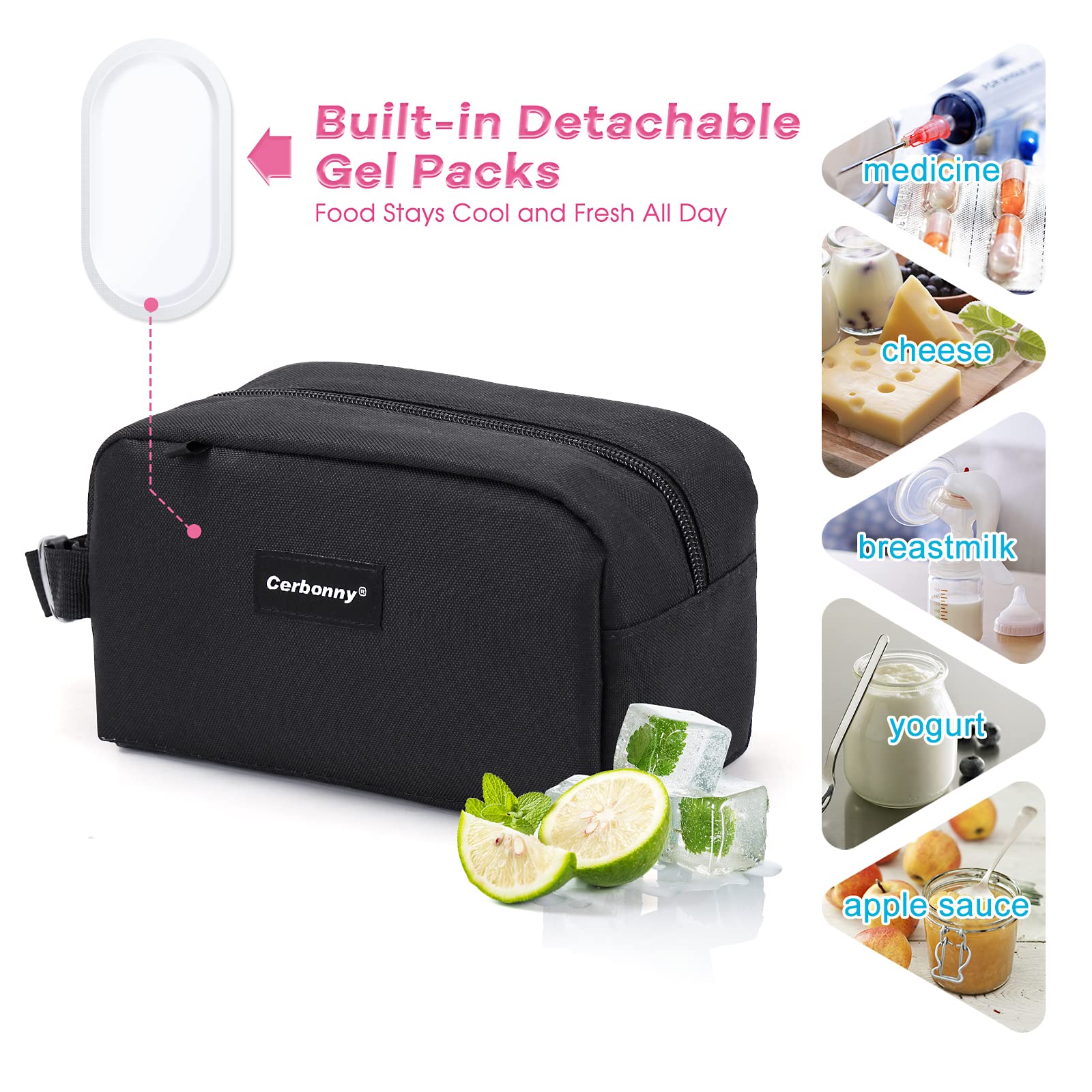 Cerbonny Small Lunch Bag,Freezable Lunch Bag,Built-in Ice Pack