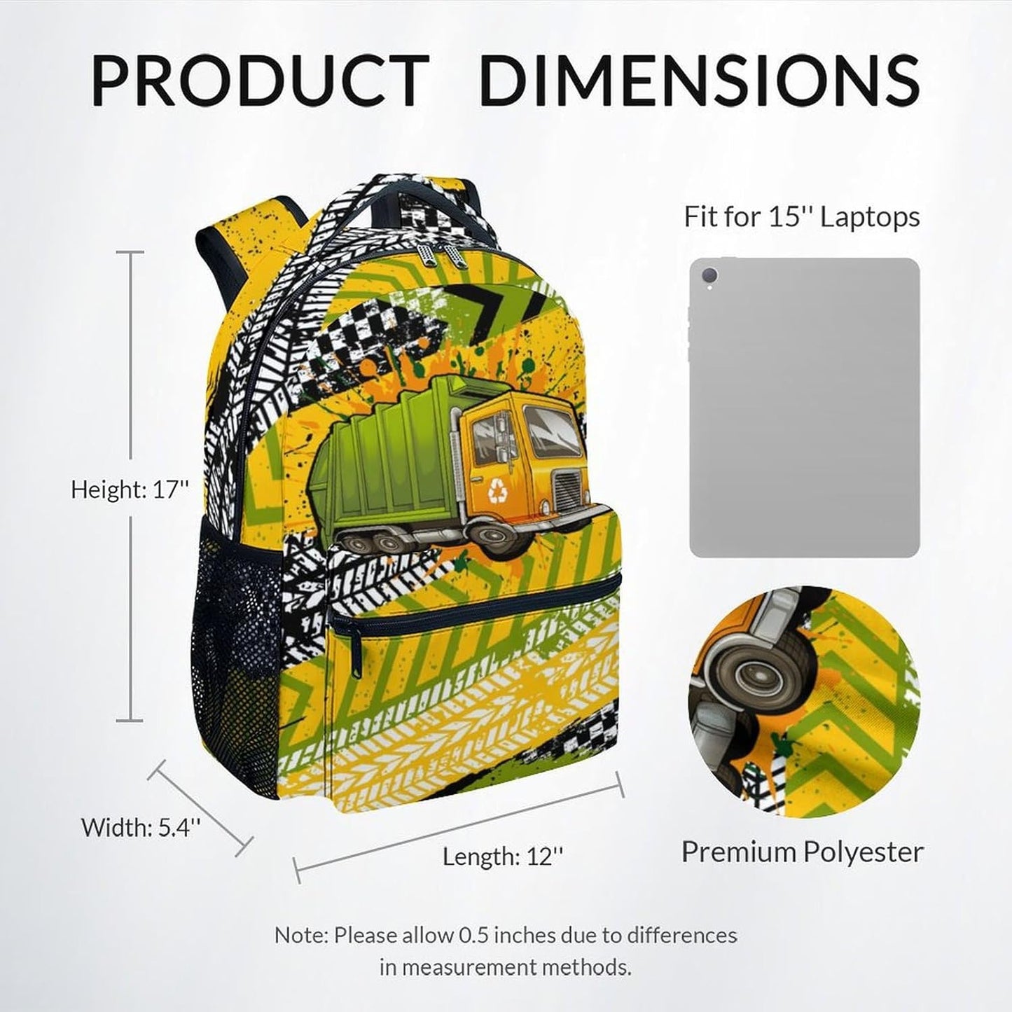 Bookbag for Boys, Garbage Truck Backpack for Kids, 17" Toddler Backpacks for Preschool Kindergarten Elementary, Durable Children School Bag