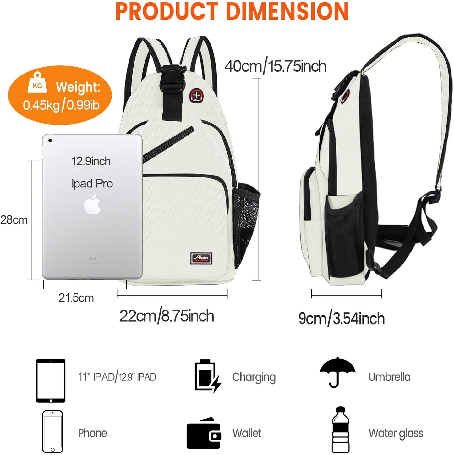 Crossbody Sling Backpack Men and Women Sling Bag Shoulder Backpack Travel Hiking Chest Bag Daypack (White)