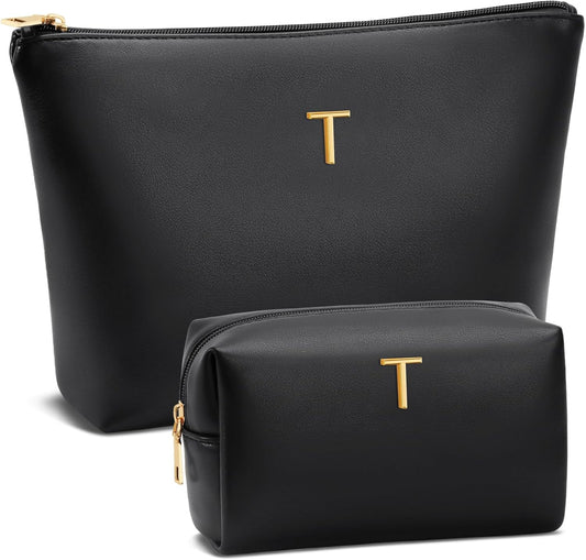 Women Gifts | Initial Makeup Bag Set for Girl Personalized Gifts for Bridesmaid Friend Graduation Teachers PU Leather Cosmetic Travel Toiletry Bag(Black,T)