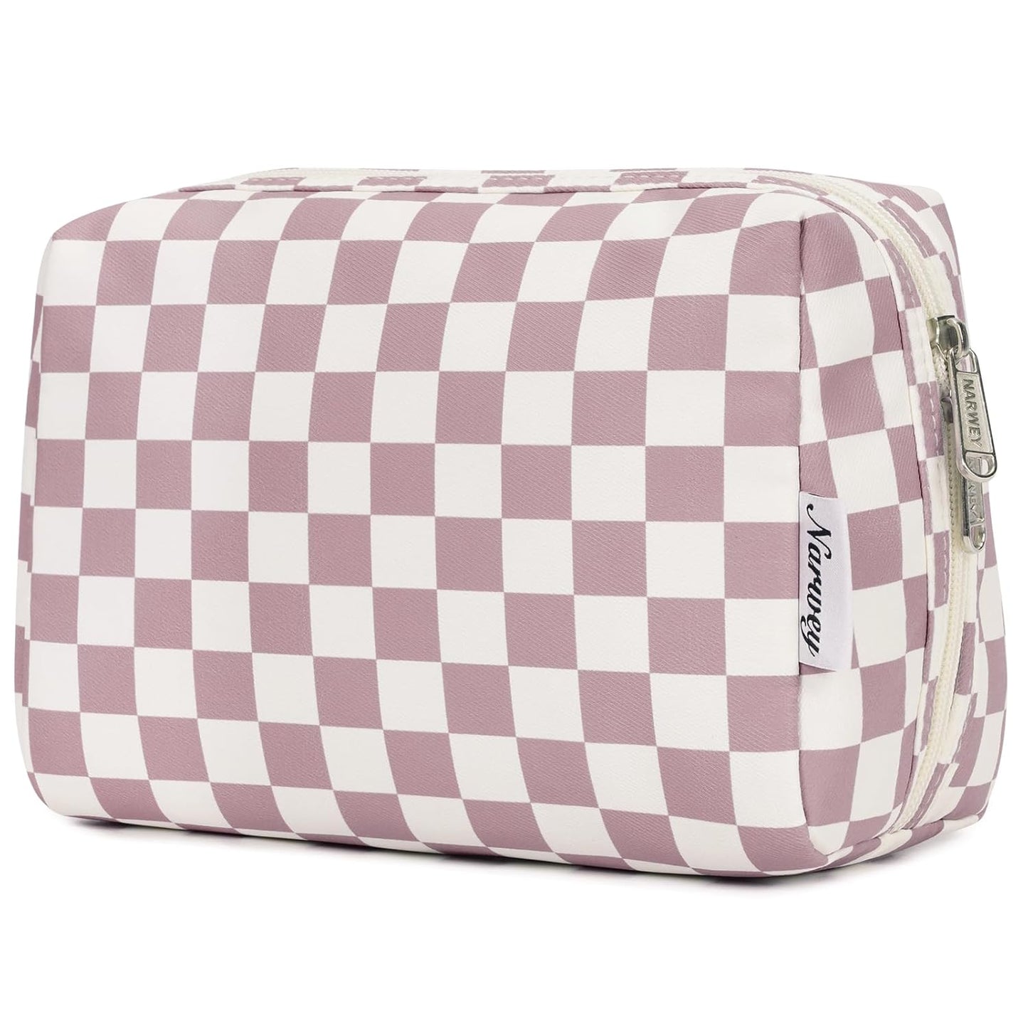 Narwey Checkered Makeup Bag Pink Travel Cosmetic Bag Organizer Toiletry Bag Make Up Bags with Compartments for Women Girls (Large, Dusty Rose Checkerboard)